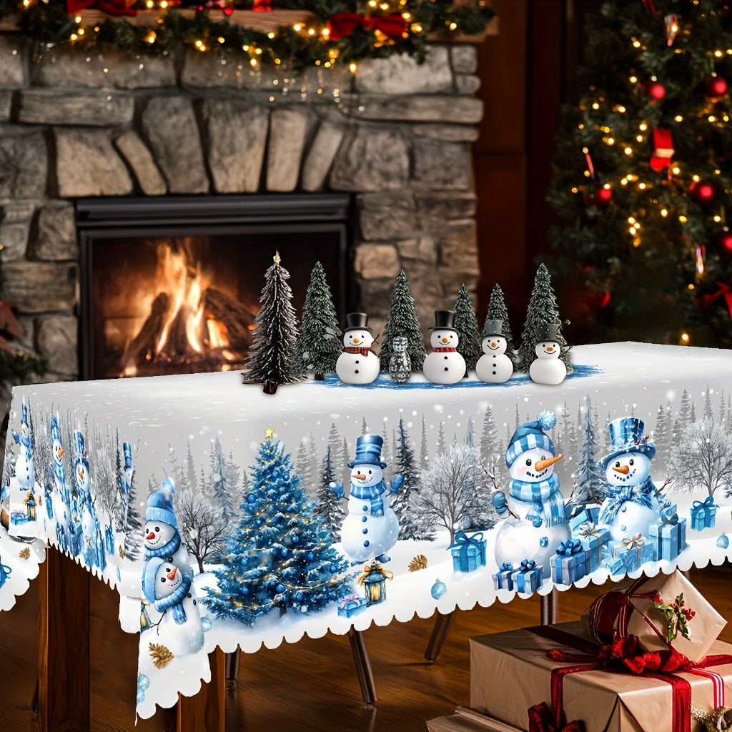 1pc Merry Christmas Themed Printed Tablecloth, Farmhouse Style, Snowman, Christmas Tree Pattern Design, Christmas, New Year Gatherings, Parties Decor, Kitchen Accessories, Room&Outdoor Decor, Gift to Friends, Rectangular&Roun