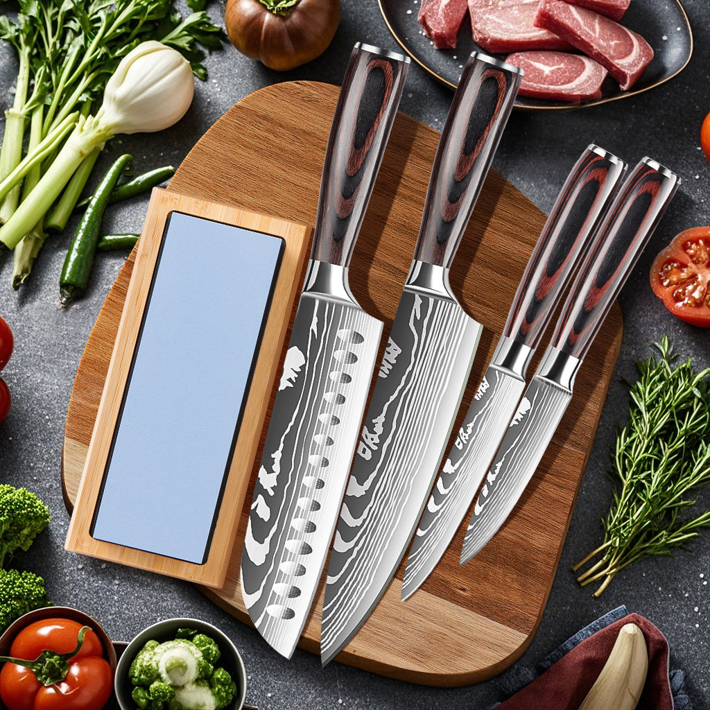 5pcs Professional Chef Knife Set with Sharpener - Heavy-Duty High Carbon Stainless Steel Style Kitchen Knives (Chef's Knife, Santoku Knife, Utility Knife, Paring Knife) - Complete Kit for & Professional Cooks