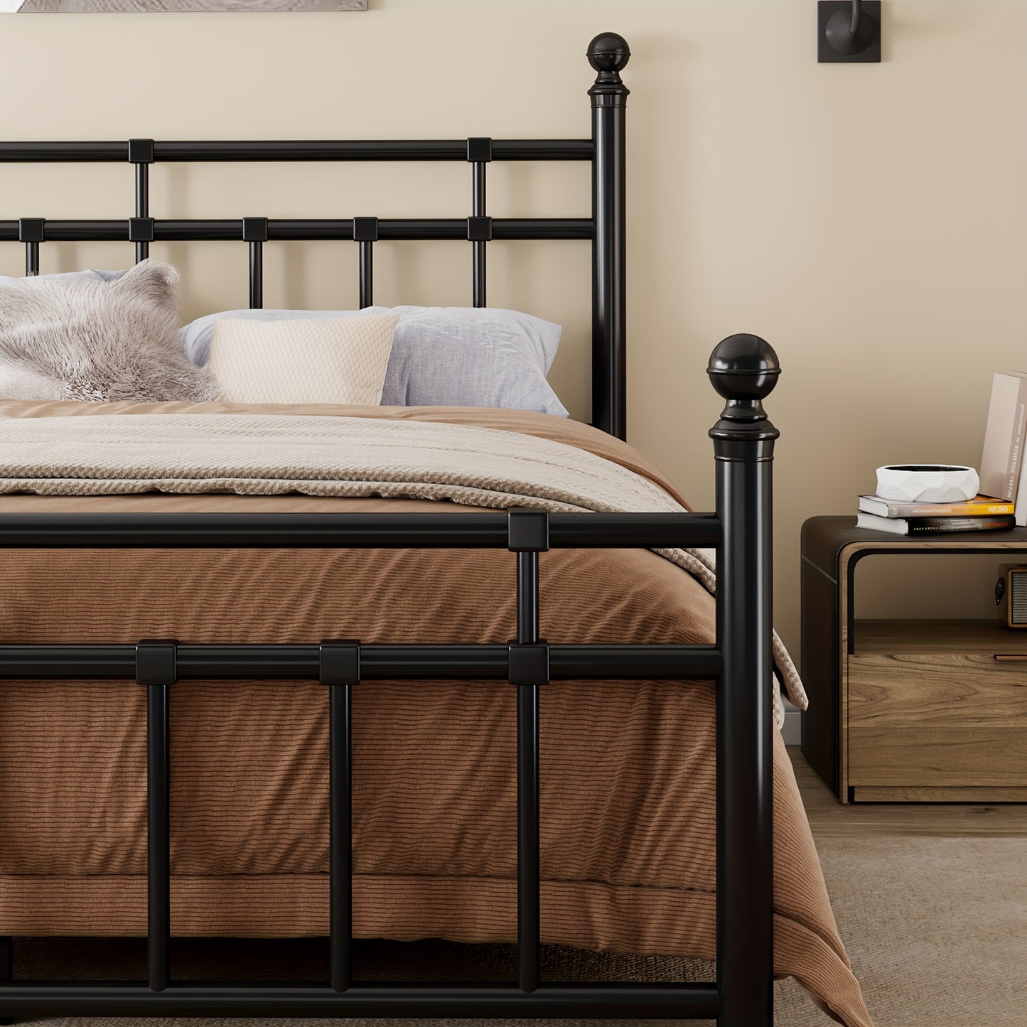 Heavy-Duty Metal Bed Frame, Platform Bed with Classic Wrought Iron-Art Headboard And Footboard, 12" Underbed Space, Easy Assembly, Black, Bed Frame Without Mattress