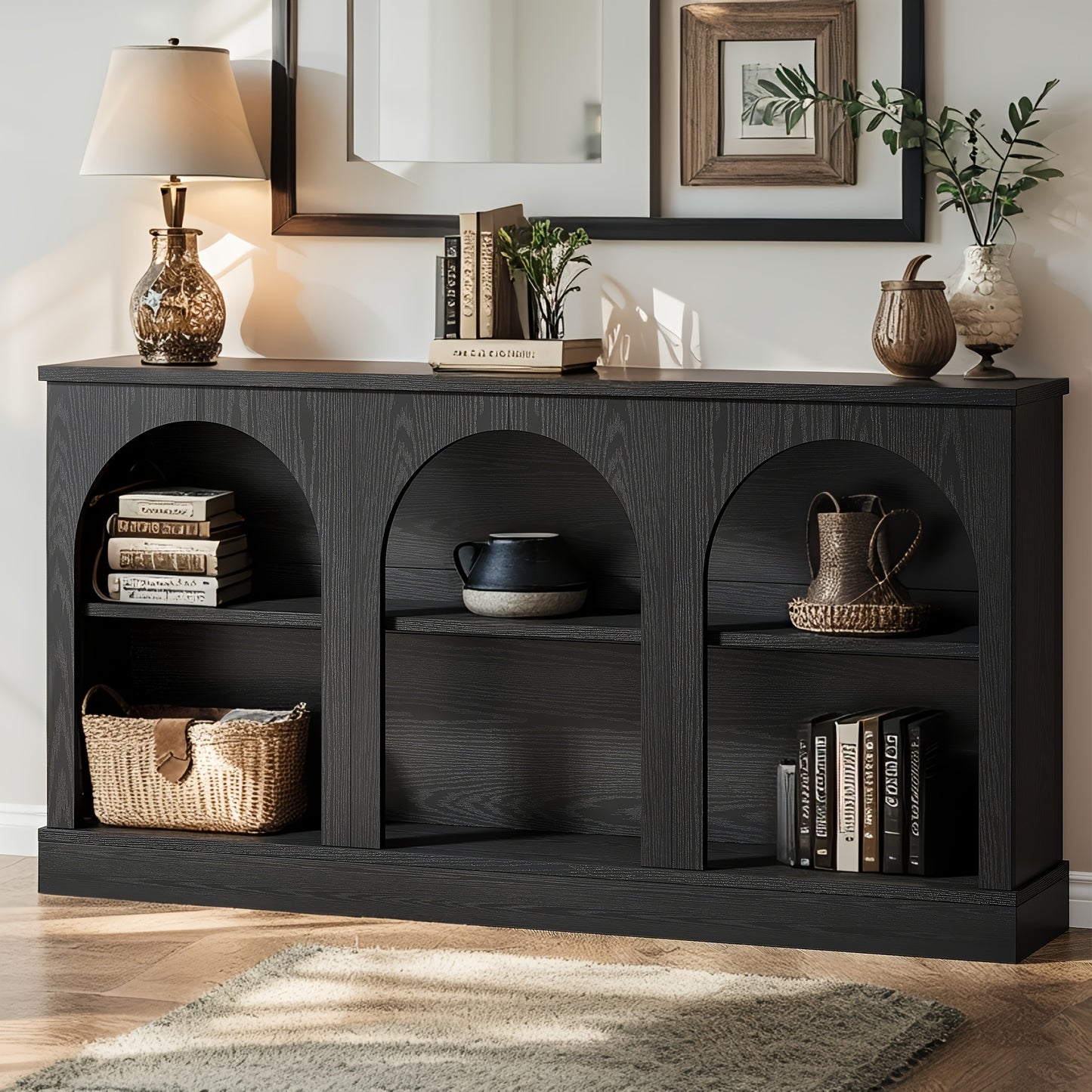 62.99" Modern Farmhouse & Industrial Console Table - -Long Sofa Table Behind Couch, Stain-Resistant Engineered Wood TV Stand with Storage Shelf, Entryway Hall Table Suitable for, Farmhouse, Apartment - Assembly, Wood Frame