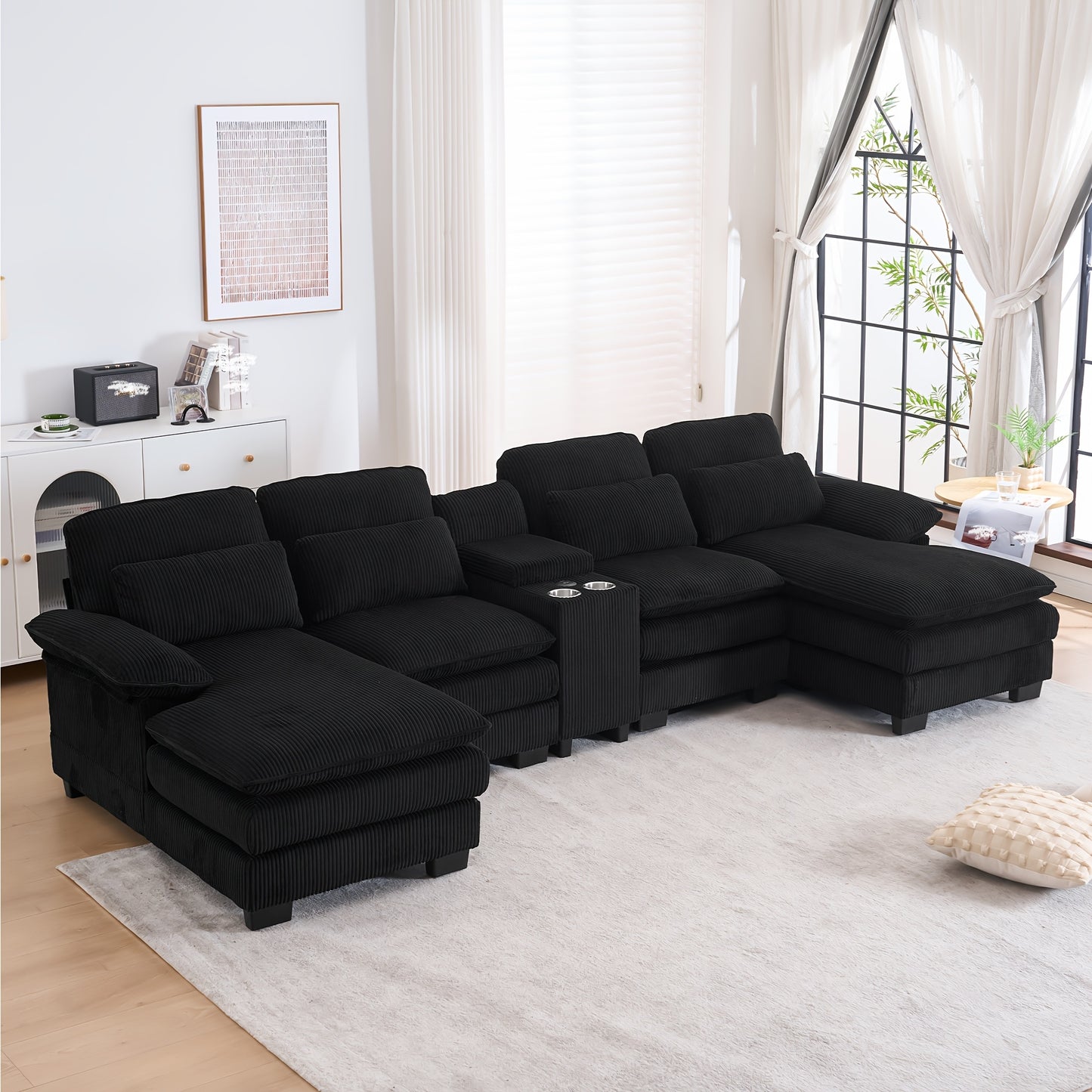Living Room Comfort Combo Sofa, U-Shaped Cloud Sofa Combination Sofa, Modern Corduroy Modular Sofa with Recliner, Console Cup Holder