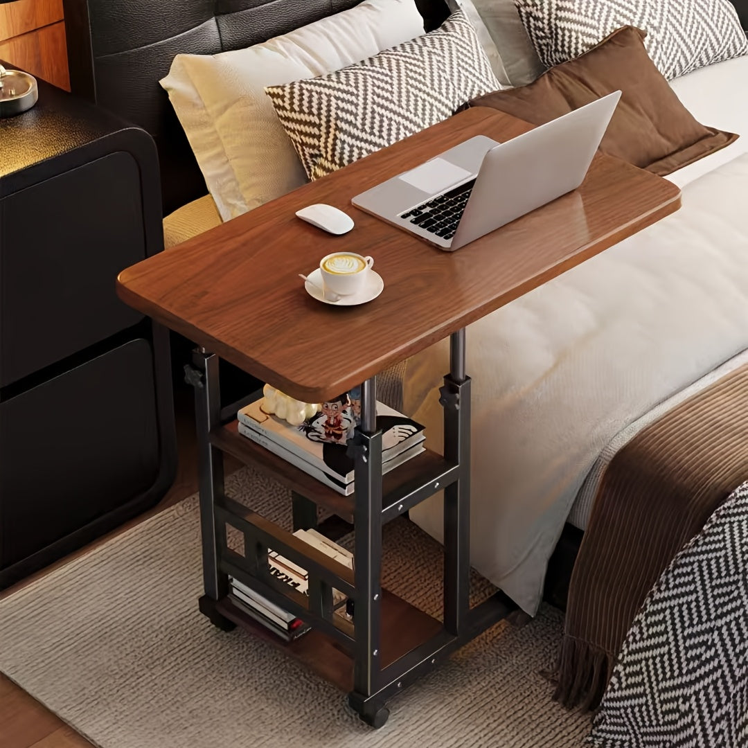 Height Adjustable Rolling Table with Storage Shelves - Heavy-Duty Wood/Metal Construction, Modern Mobile Desk with Casters, Space-Saving Design for Home Office, Bedside, Laptop Workstation & Small Spaces - Easy Assembly, Engi
