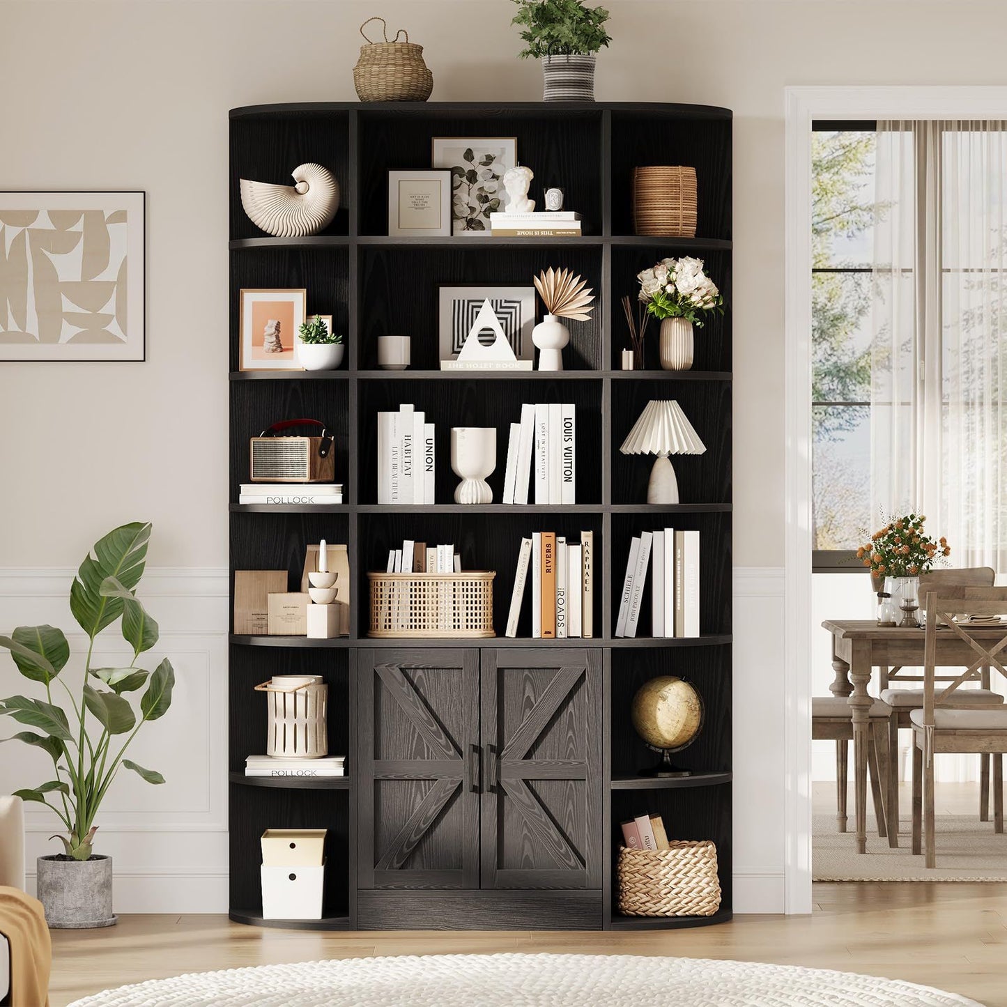 FurniStyle 75-inch Tall Grey 6-Tier Bookcase with Black Accents | Adjustable Shelves, Doors, Anti-Tip Hardware, Freestanding Hardwood Construction for Living Room, Office, or Bedroom Storage