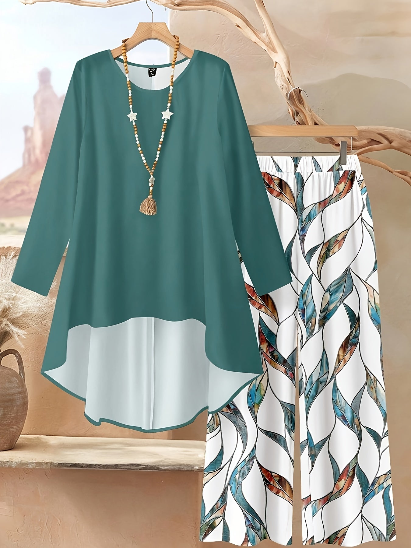 Women'S 2pcs Set - Elegant Leaf Print Long-Sleeve Top & Pants, Loose Fit, All-Season Comfort, Casual Style, Perfect for Fall & Winter, Casual Wear|Elegant Casualwear|Comfortable Fit, Ladies Pants