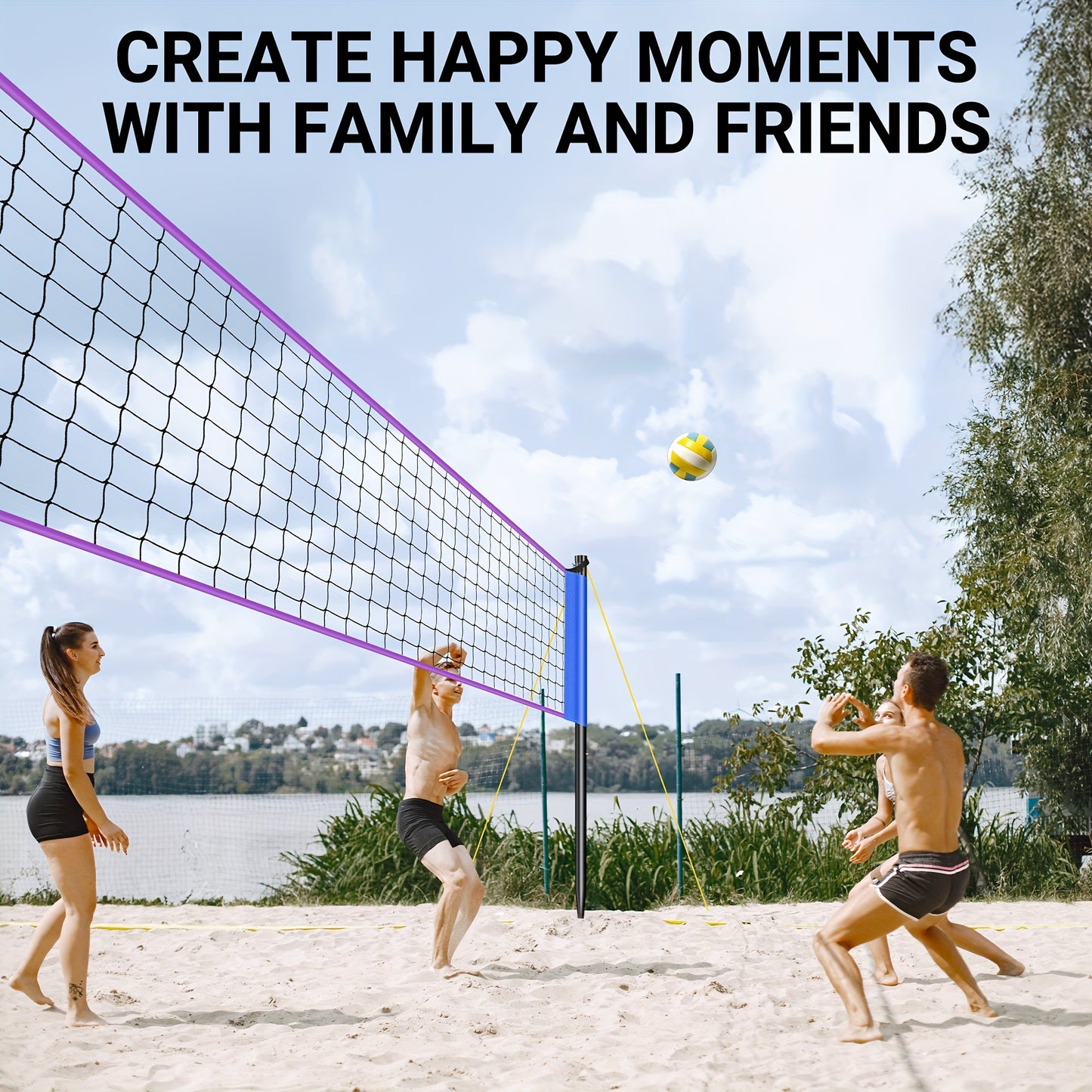 FITPLAY Portable Volleyball Net System with Adjustable Height (3.05m) - Heavy-Duty PU Net, Sturdy Poles & Carry Bag, Quick Setup & Transport, Yellow/ Design, All-Weather Outdoor/Indoor Use for Beach, Backyard, Home - Complete