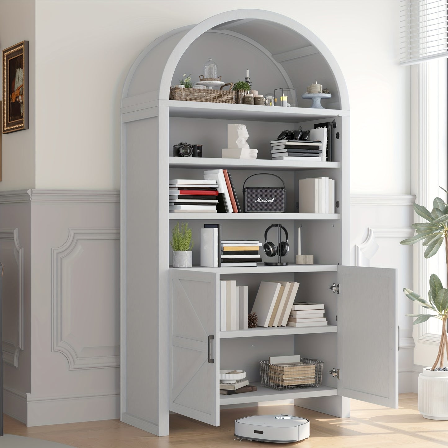 71-Inch Curved Bookshelves, a Tall Wooden Bookcase Featuring a Lower Cabinet, a Contemporary Pantry Storage Unit Suitable for The Kitchen, Living Room, Or Office