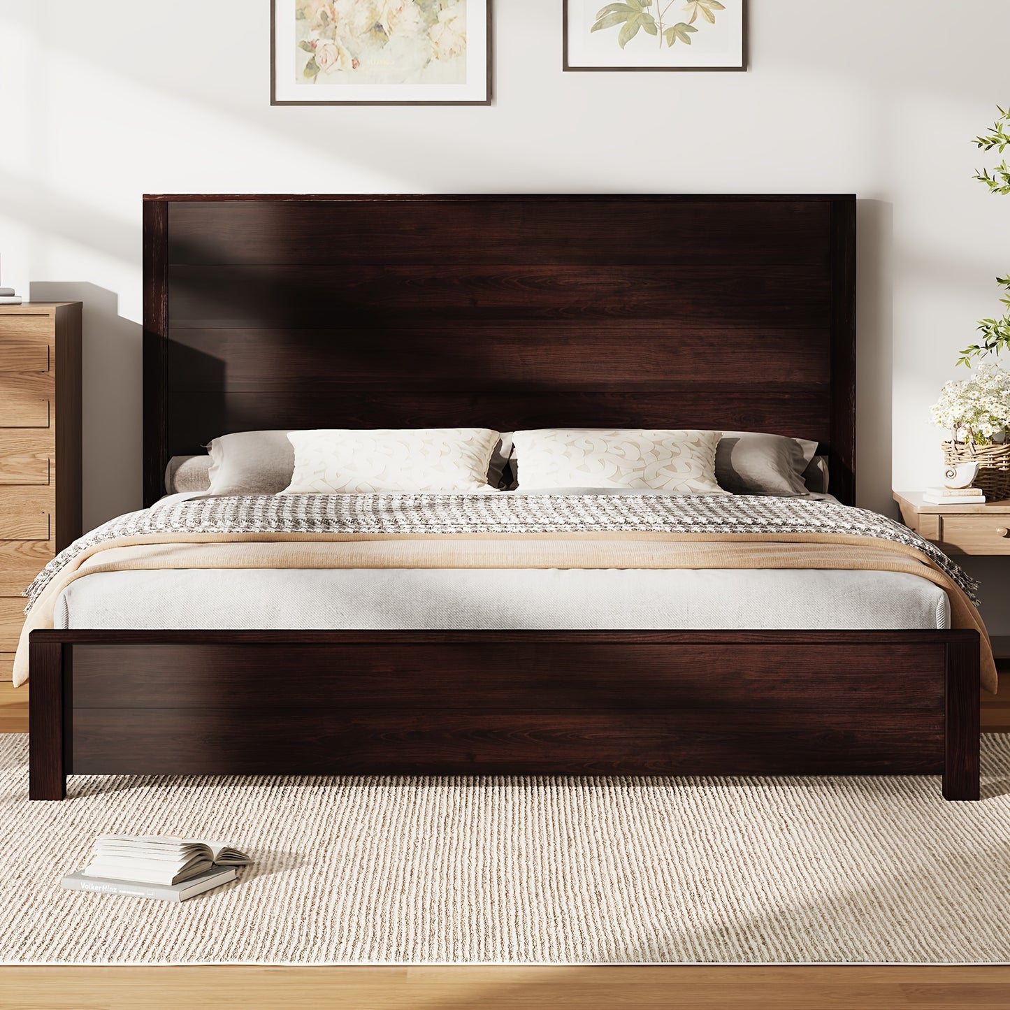 Wooden Platform Bed Frame Featuring a Joined Headboard, Rustic Style, Silent Wood Slat Support, And Does Not Need a Box Spring