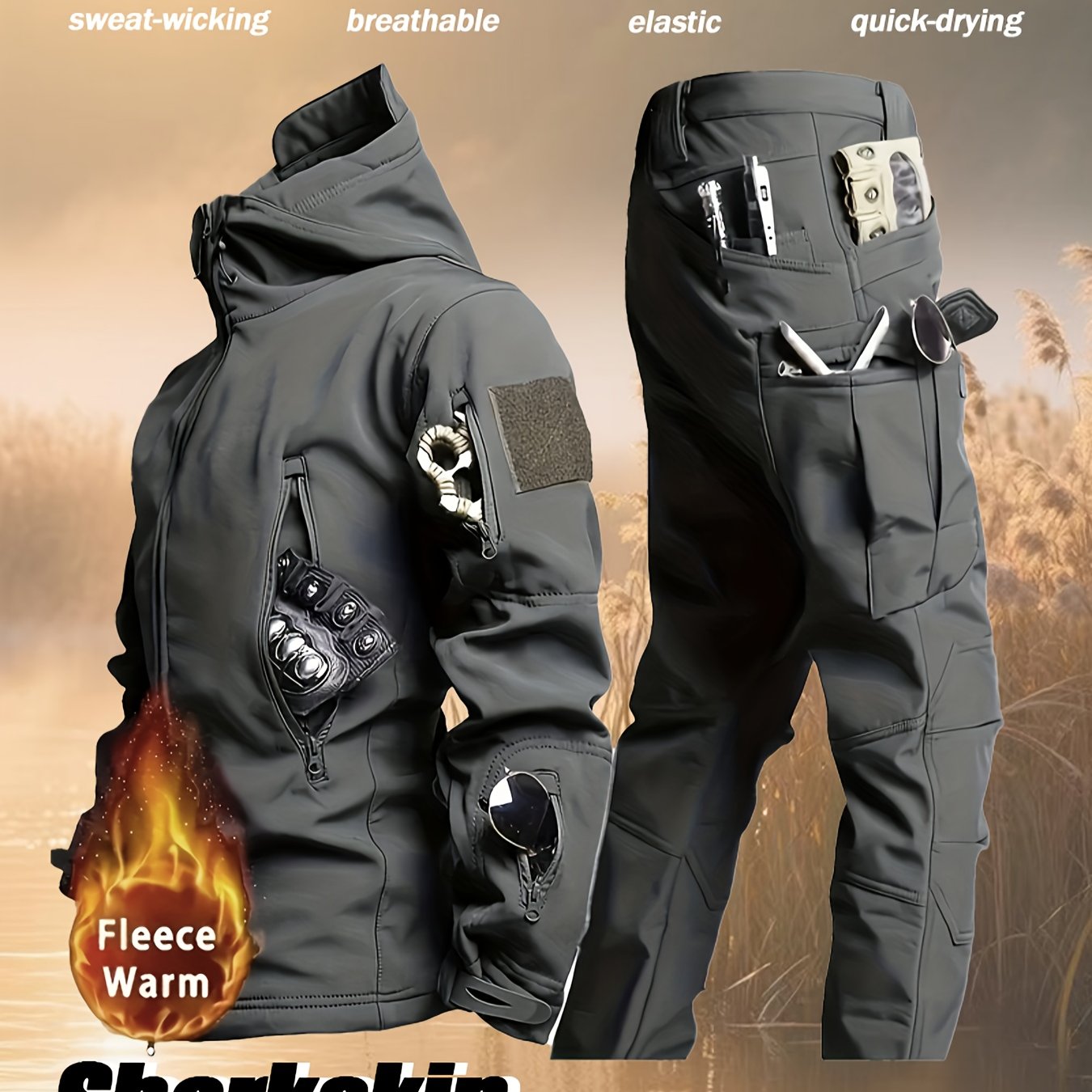 Men'S Autumn and Winter New Thickened Two-Piece Windproof Jacket Hoodie with Multiple Pockets, Elastic, Warm, Suitable for Hiking, Skiing, Fishing, Outdoor Sports Gear | Tactical Style | Breathable Fabrics, Winter Sports Gear