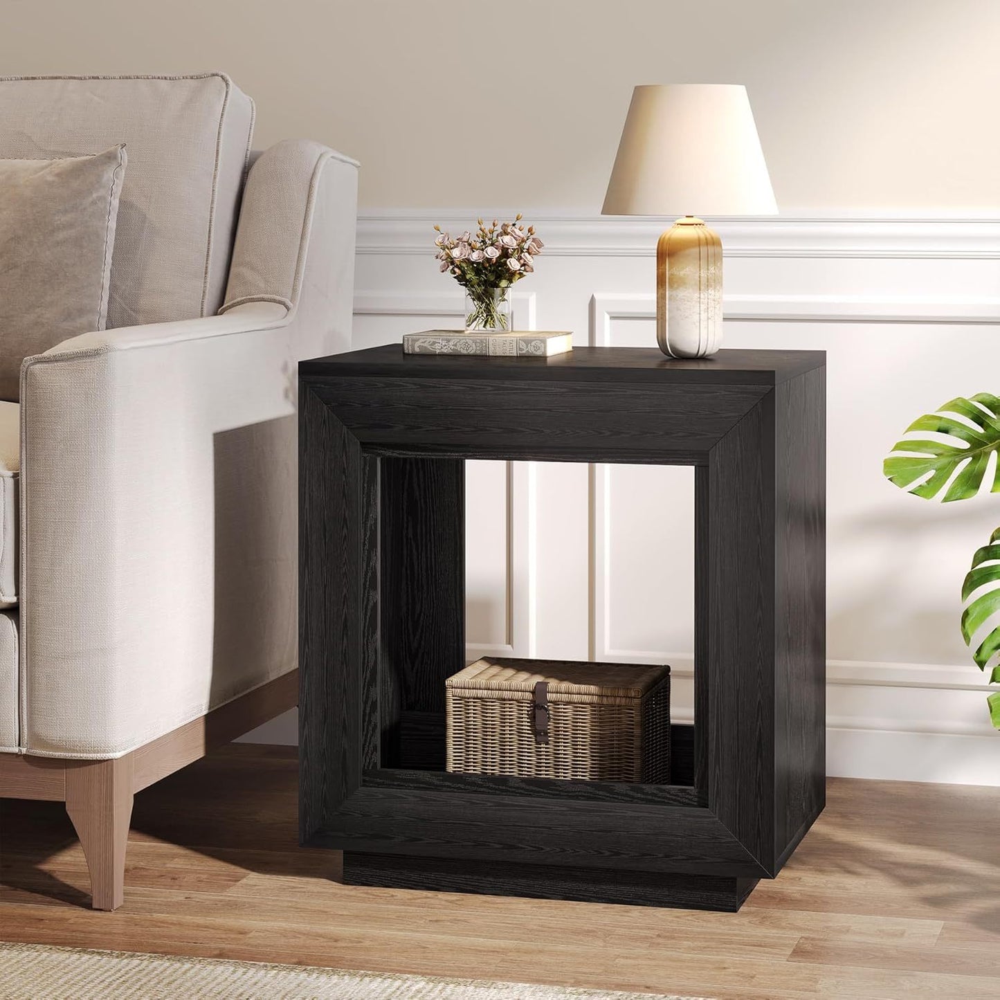 24 Inch Farmhouse End Table with Open Shelf - Heavy-Duty Hardwood & Particle Board Construction, Easy Assembly Side table, Natural Wood Finish - for Living Room, Bedroom, Patio - Space-Saving Nightstand or Accent Furniture, B