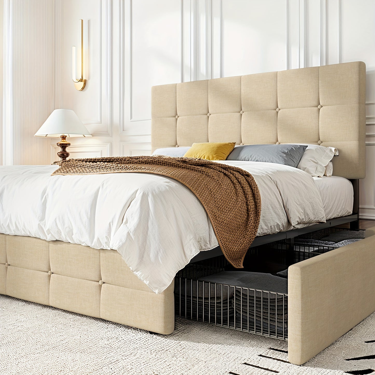HOOMIC Full/Queen/King Size Platform Bed Frame with 4 Storage Drawers & Adjustable Headboard - Contemporary Square Stitched Button Tufted Design, Noise-Free Wooden Slats, No Box Spring Needed, Easy Assembly, Recycled Wood & M