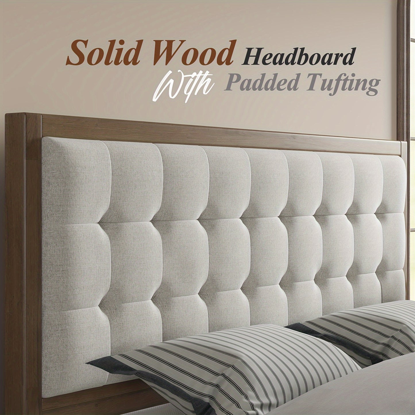 LUXOAK Wood Platform Bed with Upholstered Tufted Headboard, Box Spring-Free, Sturdy Solid Wood Frame