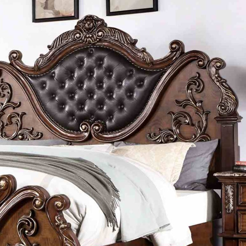 Luxurious Brown Cherry Traditional Queen Size Bed Tufted Leatherette HB FB 1pc Bed Bedroom Furniture Wooden