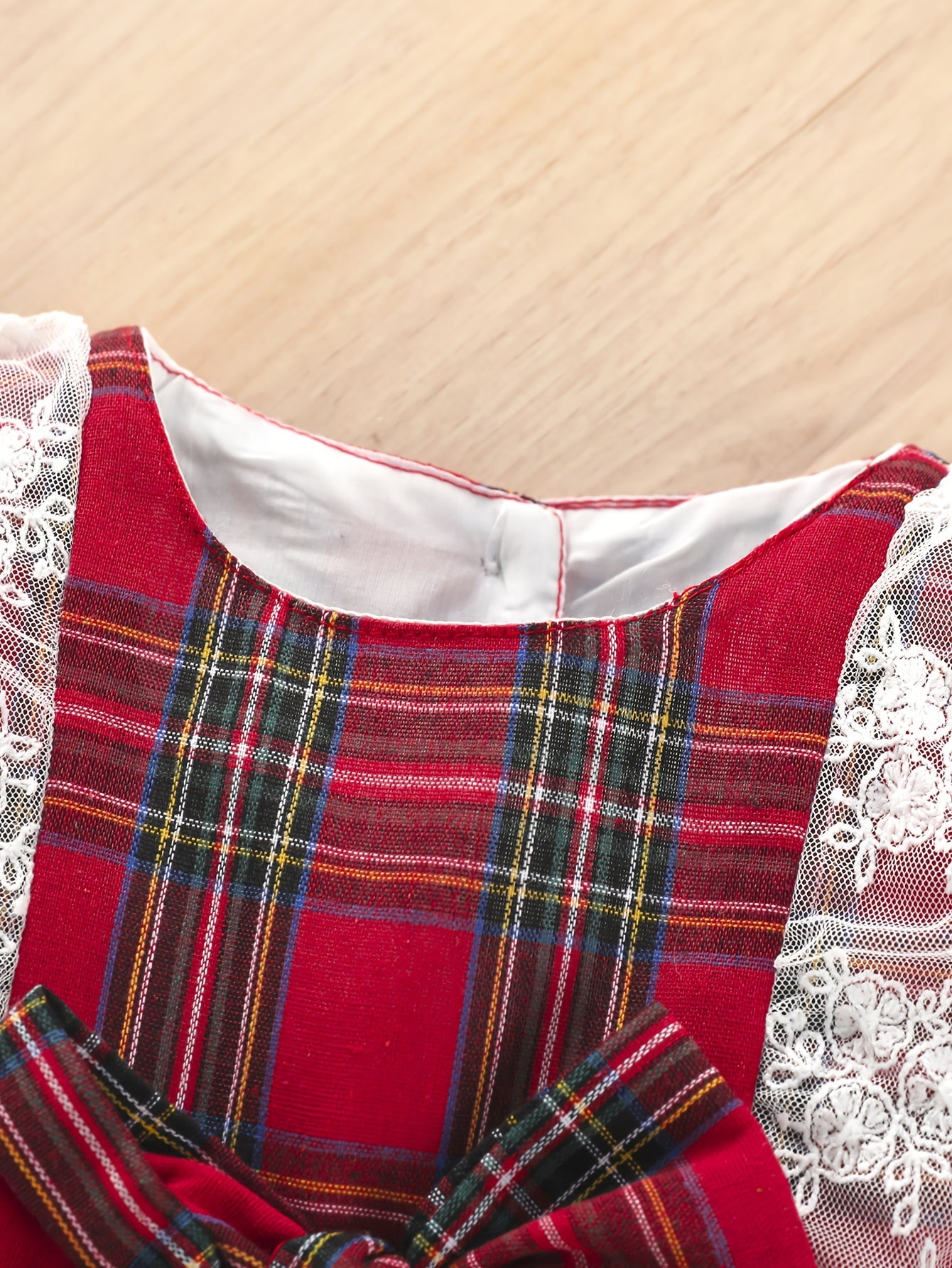 Red White Plaid Christmas Halloween Girls Dress with Full Lace Trim and Oversized Bow, Holiday Party Outfit