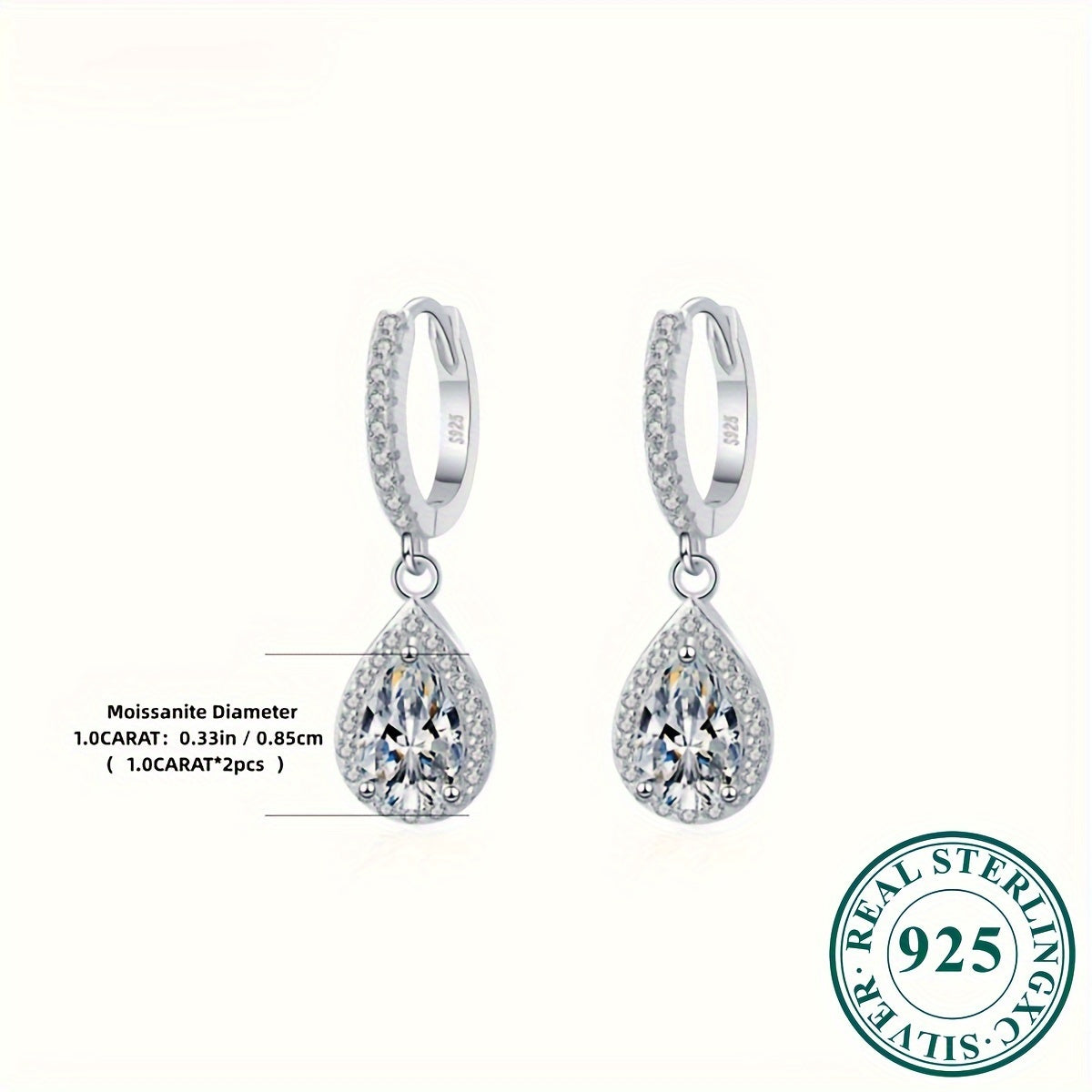 925 Silver 1-Carat*2pcs Moissanite Earrings, Women'S Moissanite Jewelry, Silvery Earrings, High-Quality Elegant Sensual Women'S Dangle Earrings, For Vacations Parties Gifts, Thoughtful Present For Friends Loved Ones Christmas