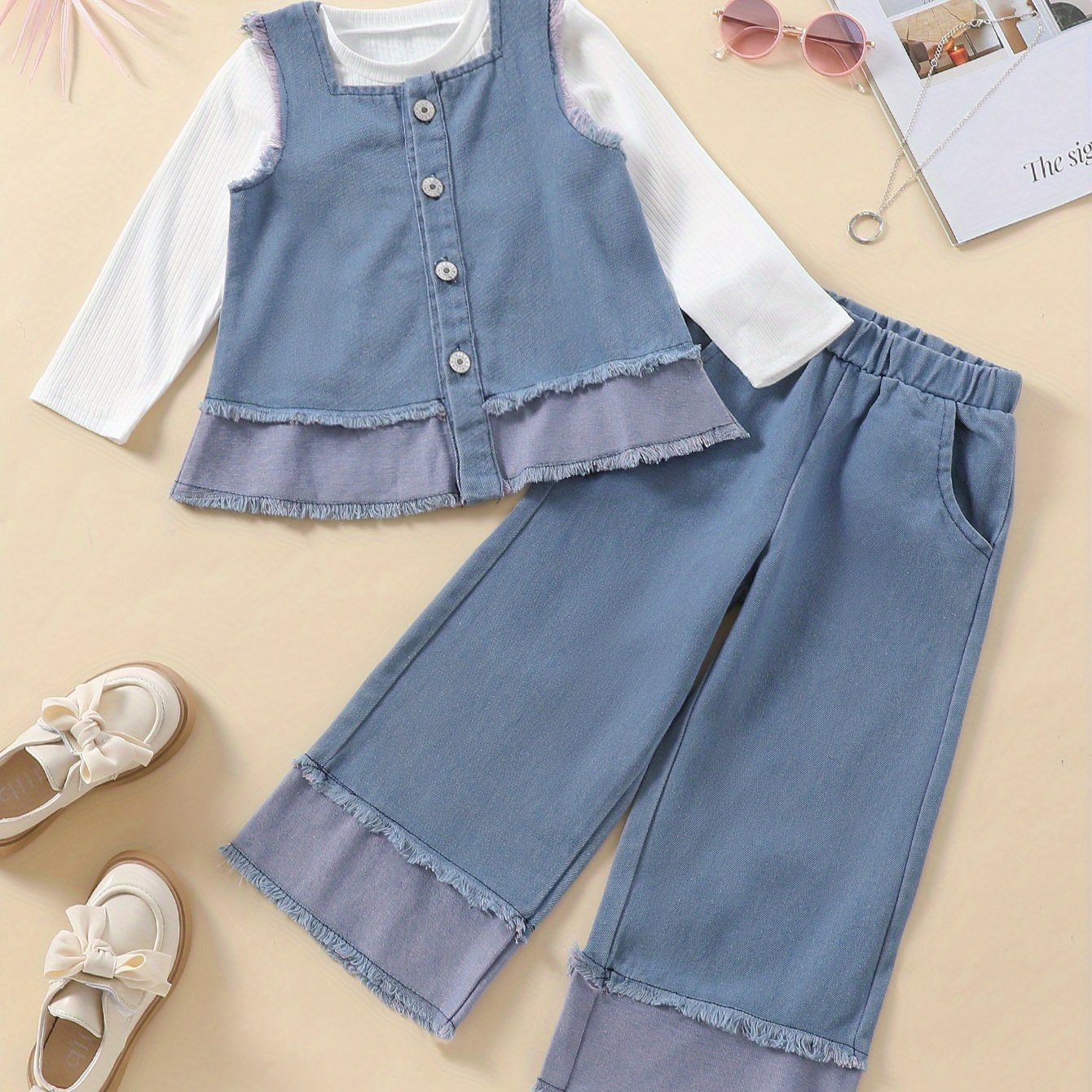 Girls' Autumn and Winter New Product Set - Solid Color Faux Denim Jacket with Faux Fur Trim, Straight-Leg Pants, and Loose Fit Vest, Perfect for Fall/Winter Streetwear, Winter Streetwear|Loose Fit Vest|Faux Fur Trim Jacket, f