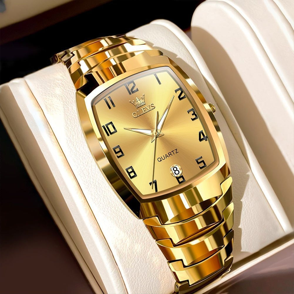 OLEVS Men's Luxury Golden Stainless Steel Watch with Luminous, Day/Date Calendar, Analog Quartz Movement Dress Watch for Smart Casual & Formal Occasions
