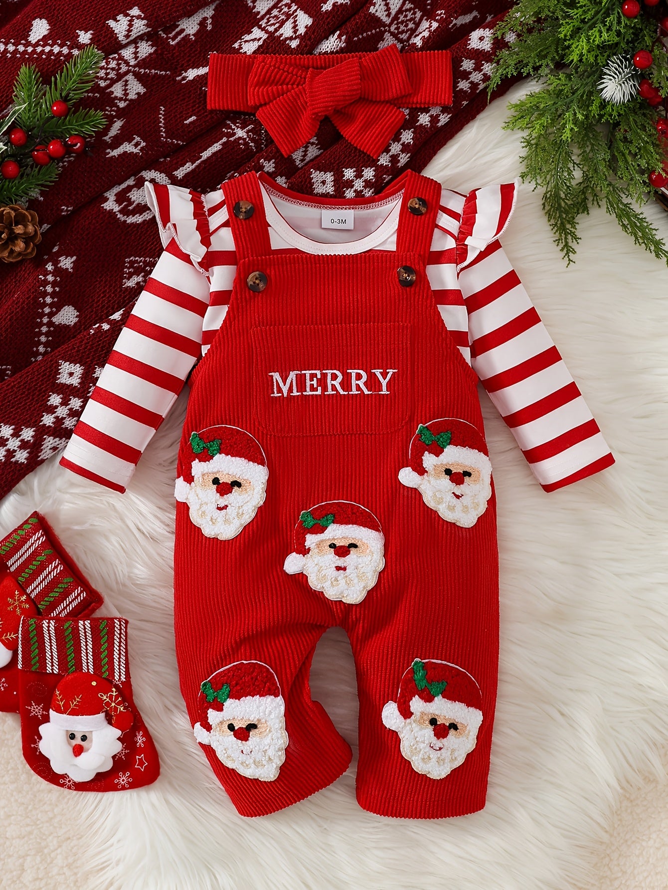 Baby Girl's Christmas Set - Red And White Striped Onesie, Santa Claus Embroidered Romper, with Hairband Included, Perfect for Outdoor