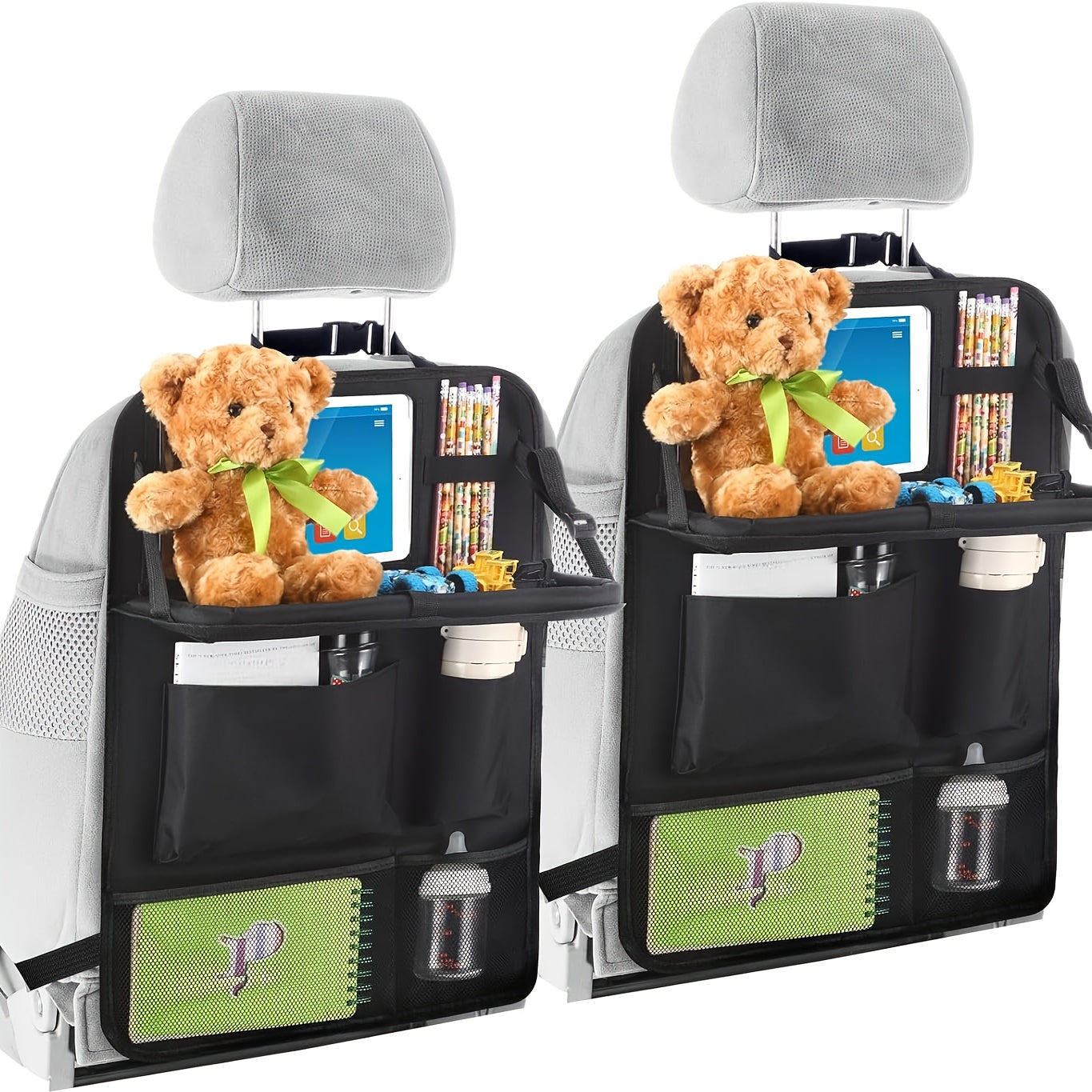 2-Count Backseat Car Organizer with Table Tray & Tablet Holder - 6 Storage Pockets, Kick Mats Protectors, Durable Faux Leather, Classic & Grey, Unisex Travel Accessories for Family Vehicles, Vehicle Organization, Sleek Design