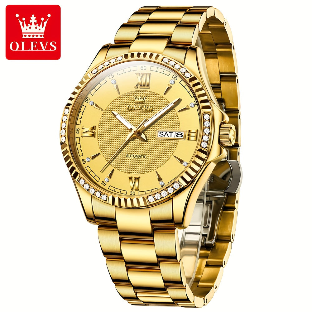 OLEVS Luxury Men'S Automatic Mechanical Watch with Luminous Hands & Dual Calendar - Stainless Steel Business Chronograph, Golden-Tone Dial, High Quality (1181.1inch) - Self-Winding Movement, No Battery/Easy Maintenance, Elega