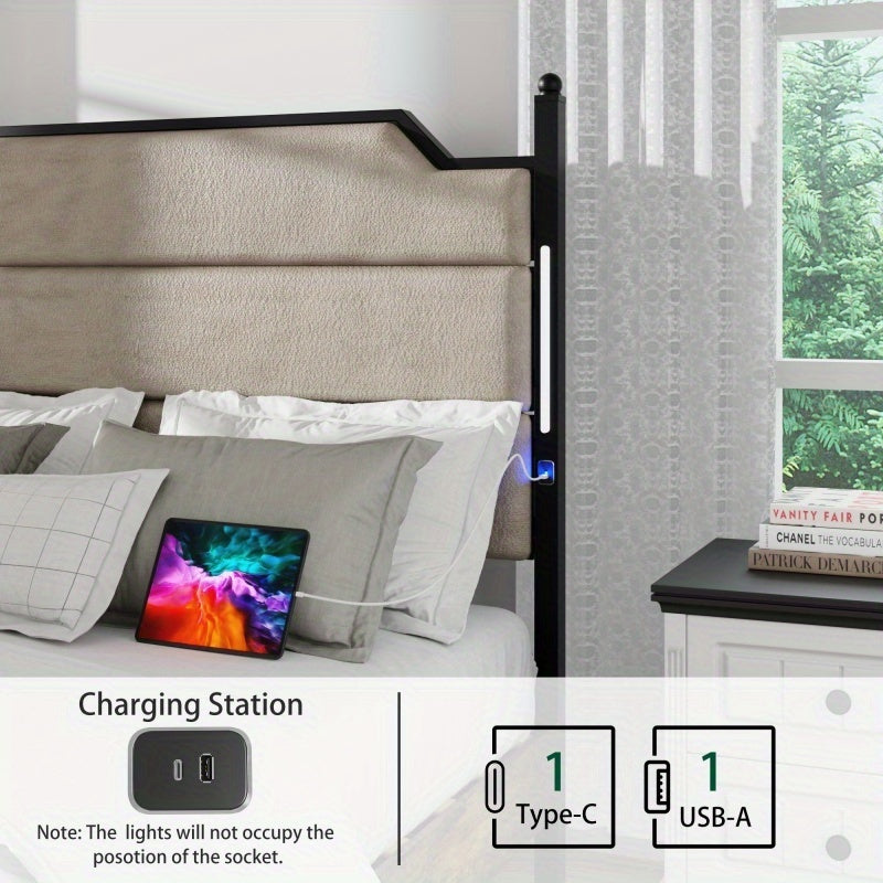 Modern Bed Frame with Built-in LED & Charging Hub, Heavy-Duty Metal Platform Bed with Panel Headboard, Tool-Free Assembly for King/Queen Size Beds, - for Smart Homes (No Wood)