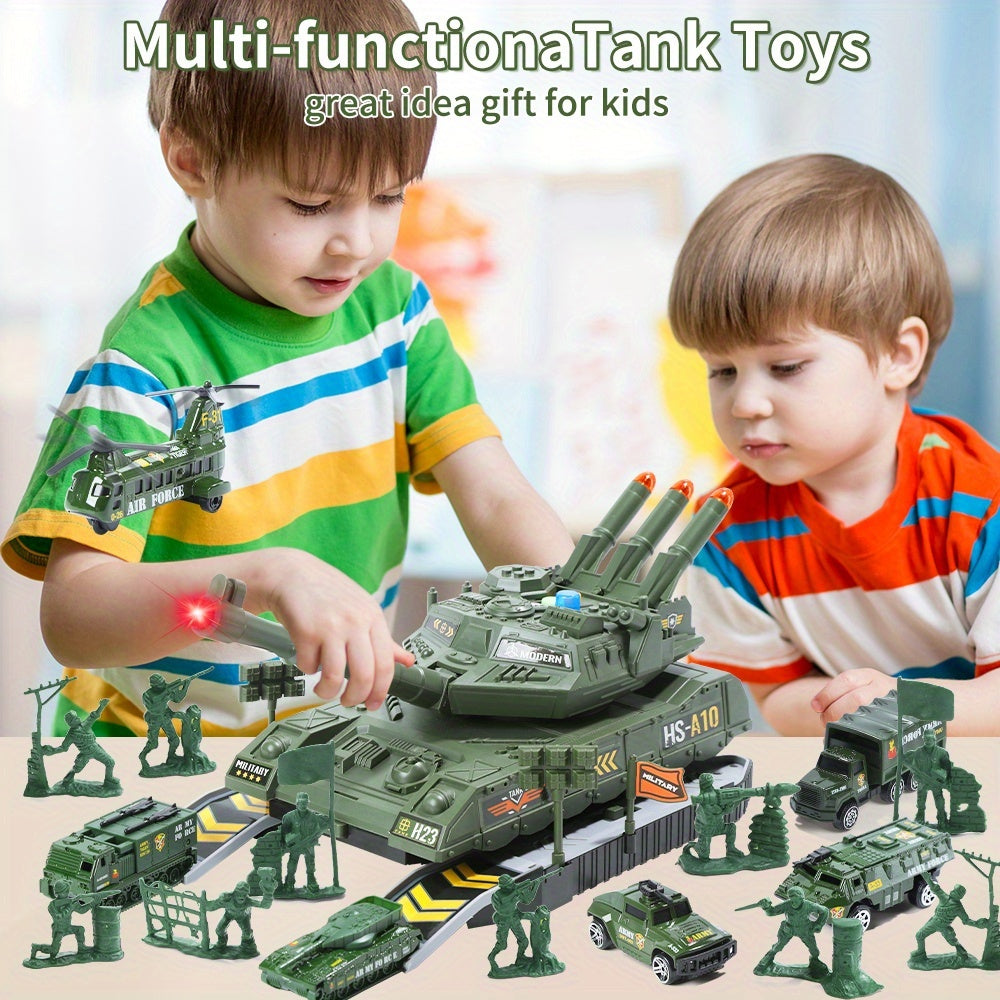 A Military Vehicle Set, Featuring Combat Tank Toys with Realistic Lights And Sounds, Includes 6 Mini Alloy Military Vehicles And Soldier Figurines, Making It a Perfect Gift for Kids.