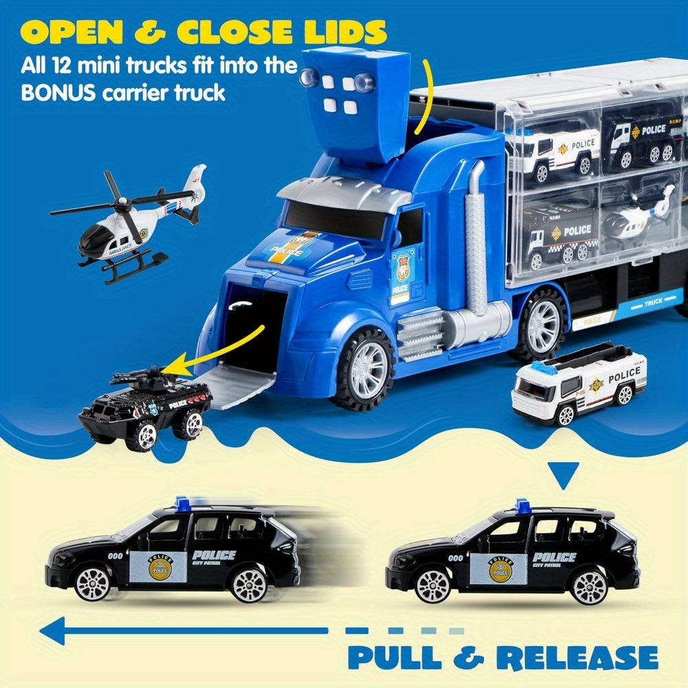 SYNCFUN 25in 1 Police Rescue Truck Car Toy Set with Sounds and Lights, Mini Vehicles in Carrier Truck, Play Police Patrol Rescue Vehicle Toy, Birthday Gifts for Over 3 Years Old Boys