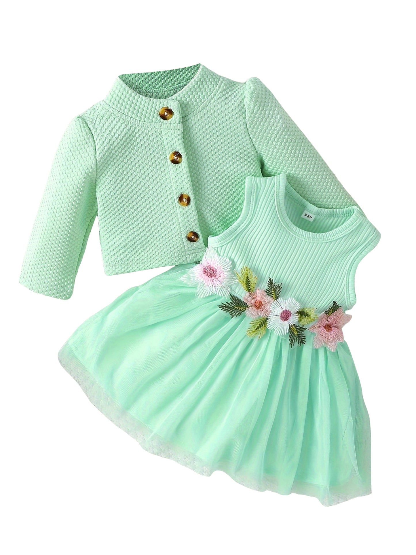 Baby Girl Fall Outfit, Long Sleeve Cardigan Coat Flower Embroidery Tulle Tank Dress 2pcs Set, for Outdoor