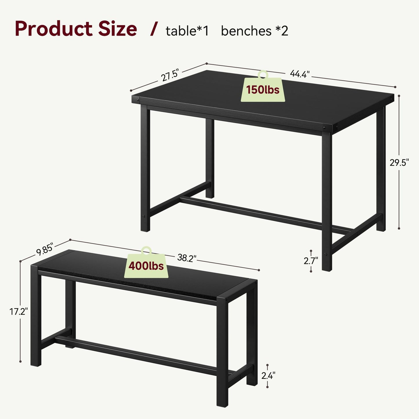 Modern Farmhouse 3pcs Dining Set for 4 with Steel Frame, Space-Saving Benches, and Tabletop, Perfect for Small Apartments and Dinette Areas, Easy Assembly, Dining Table