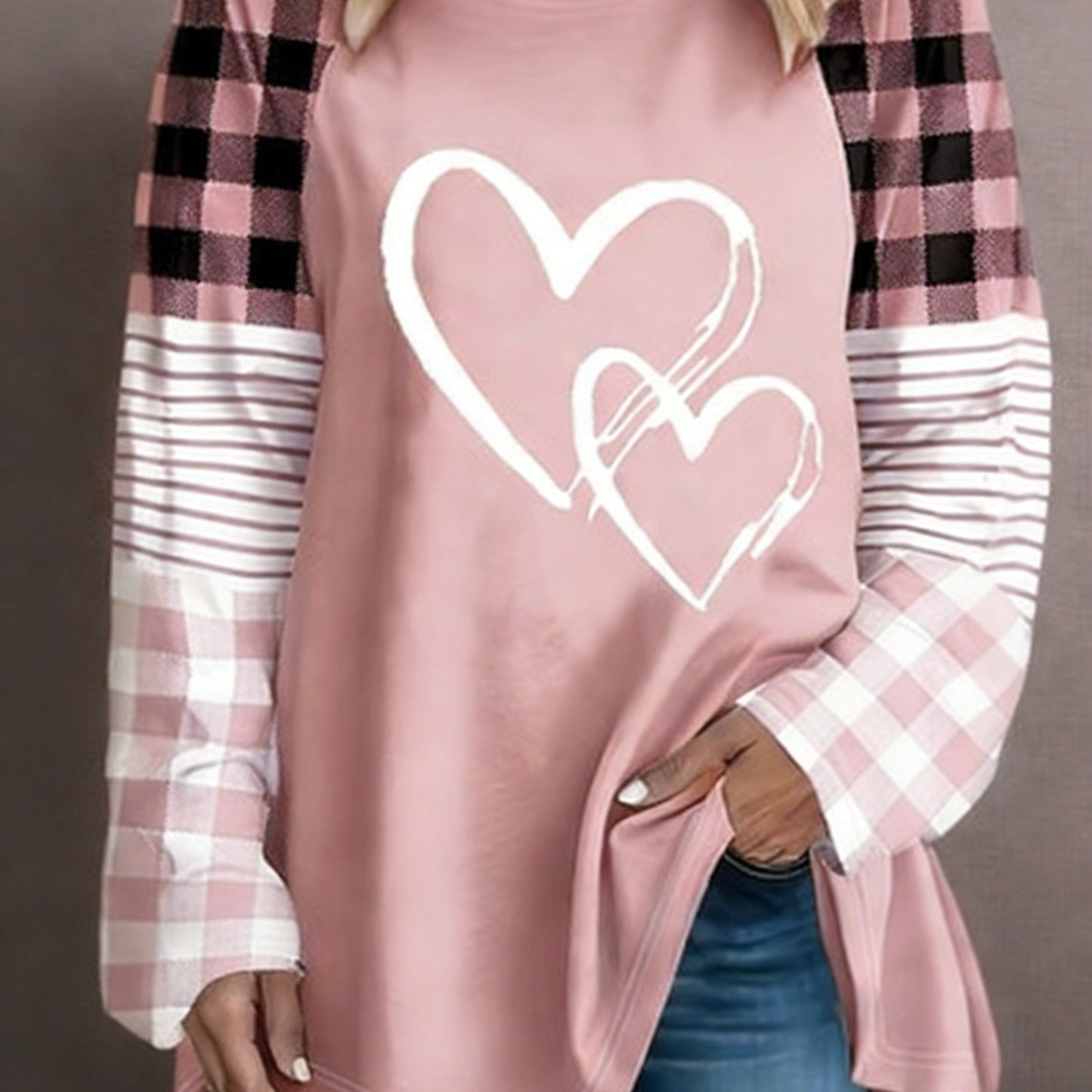 Plus Size - Plus Size - A Women'S Casual Long-Sleeve T-Shirt Featuring a Heart-Shaped Design, Made from Fabric, with a Round Neck Style, Part of The Autumn And Winter Collection, Available in Large Loose Sizes from 0XL to 9XL