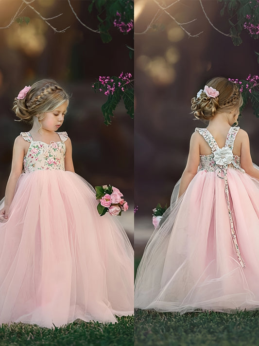 Girls' Sleeveless Tutu Princess Dress with Floral Print & Faux Drawstring Waist - Soft Pink Tulle Wedding Bridesmaid Party Pageant Dress for Spring/Summer, Wedding Dresses for Bride