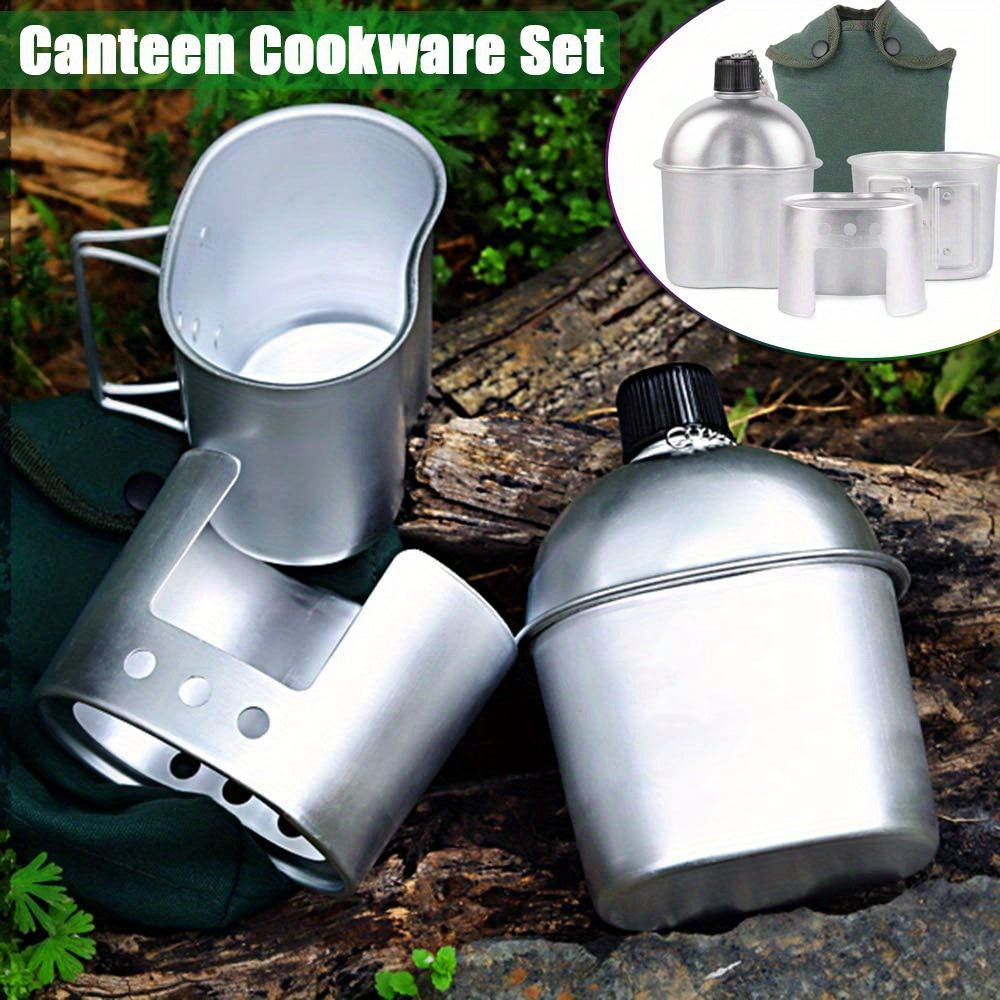 4pcs Heavy-Duty Military-Grade Outdoor Cooking Set with Lockable Canteen System & Portable Mess Kit - Survival Gear, Hiking & Backpacking Cook Kit, Heavy-Duty Stainless, Nylon Pouch & Lock (Compatible with 1 Qt Canteen) - No