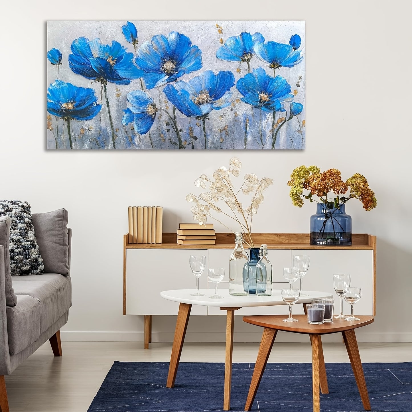 Large Blue Wildflower & Botanical Canvas Wall Art - Frameless 20x40 Inch Wildflower Pictures Suitable for Room & Office Decor, Beauty Large Artwork