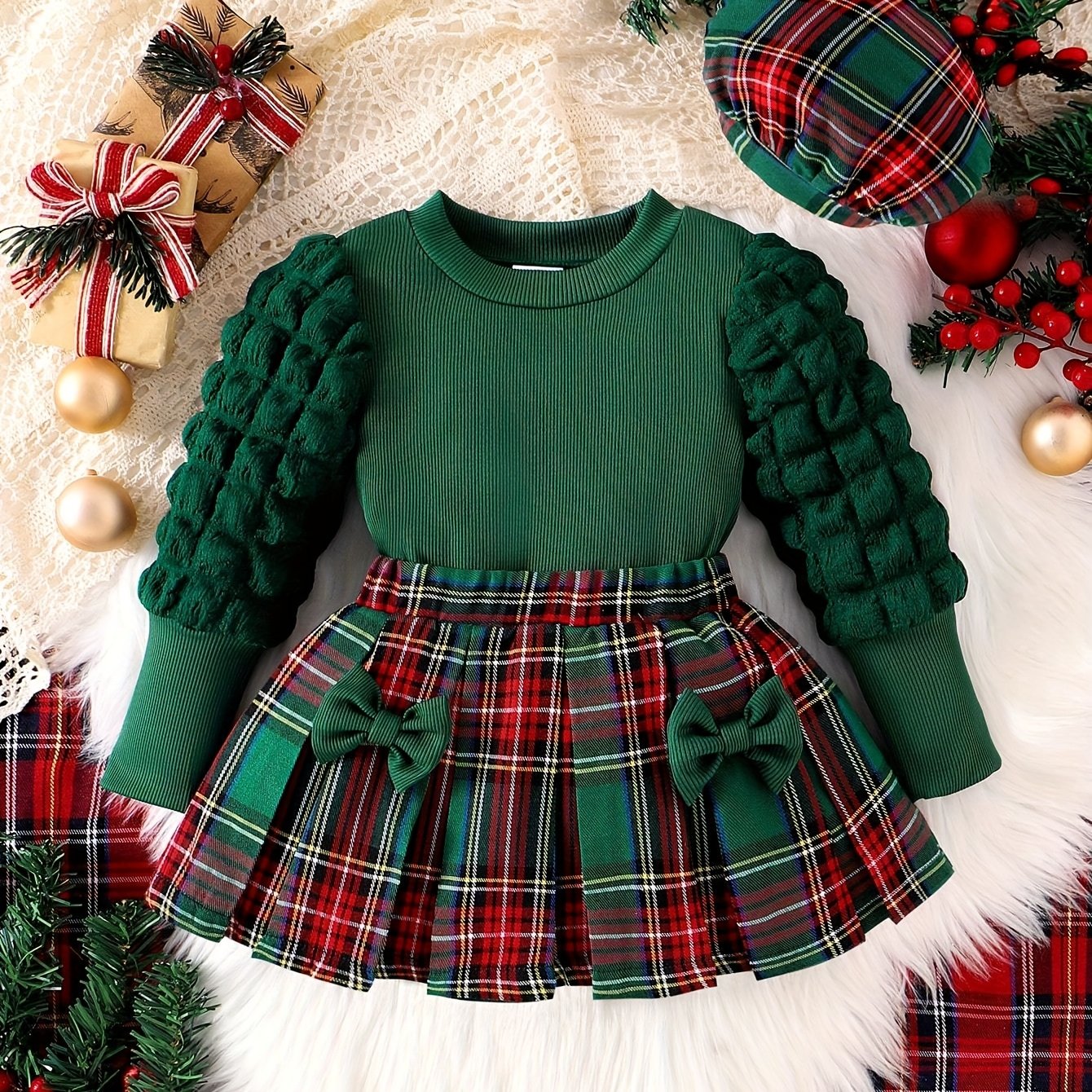 3pcs Baby Girl Scottish Tartan Outfit Set - Plaid Skirt & Bow Dress with Matching Hat, Elastic Waist Umbrella Skirt & Bubble Sleeve Blouse for 0-24 Months (Christmas, to) - Hand Washable, Perfect for Outdoor