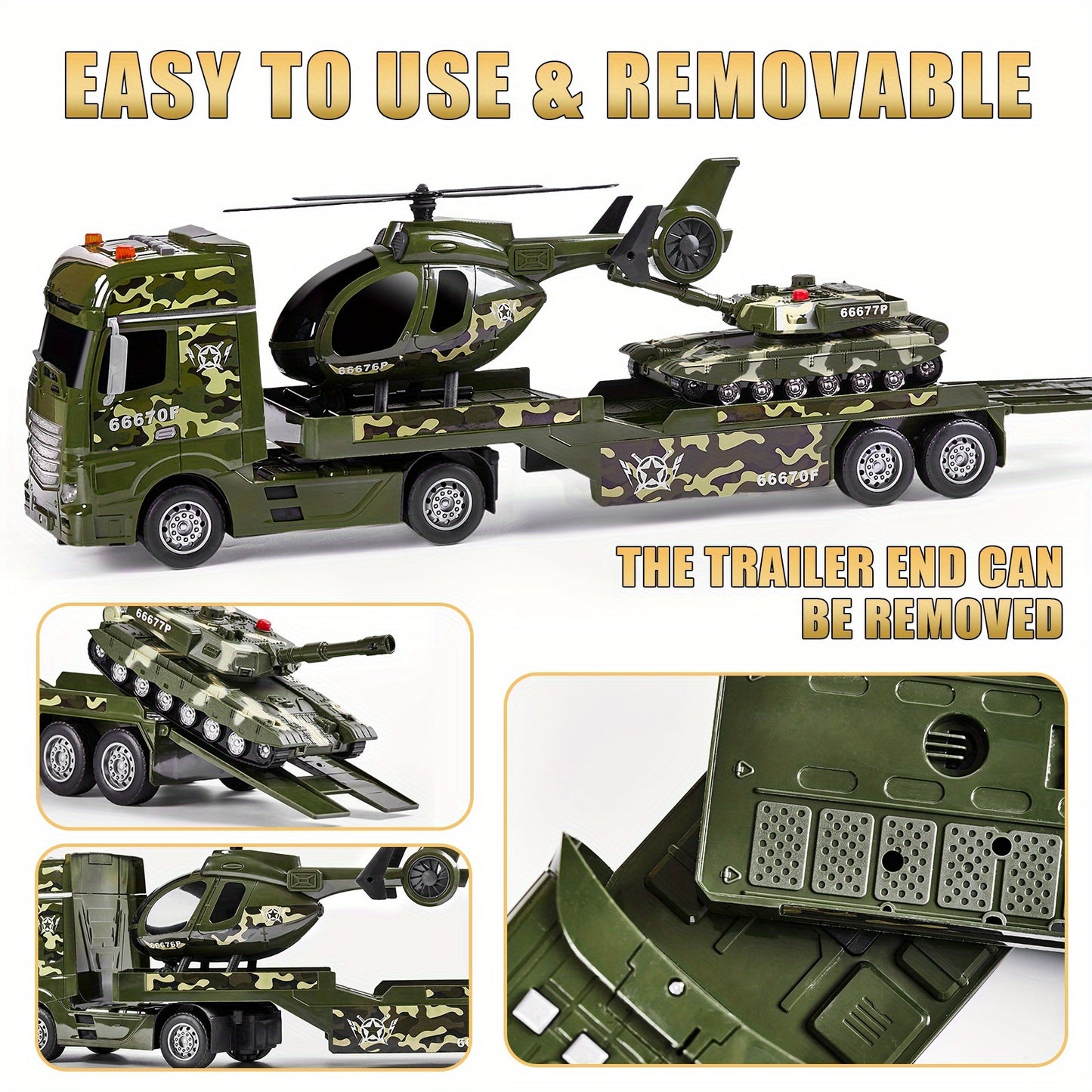 25.6" Large Military Toy Set with Helicopter & Tank - Manual Operation Army Transport Truck with Moving Parts, Realistic Sounds & Lights, Durable ABS Construction for Boys & Girls 3- - Green Camo Design Birthday Gift for Imag