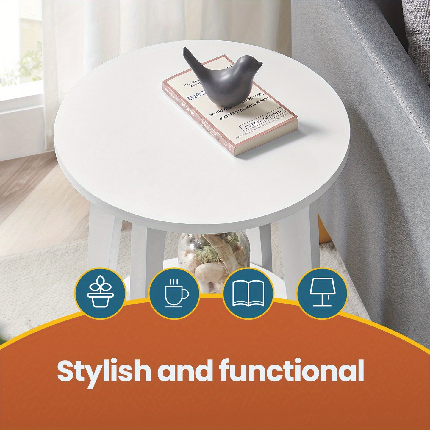 Side Table,  Round End Table with Lower Shelf, Nightstand for  Spaces, Living Room, Bedroom
