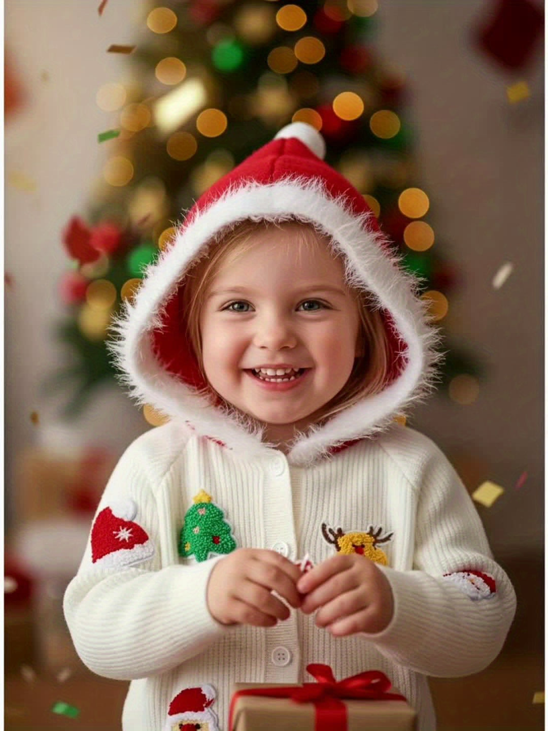 Girls' Christmas-Themed Knit Cardigan with Red Santa Hat & Festive Embroidery - Long Sleeve, White with Holiday Decorations, Perfect for Fall/Winter, Christmas Clothes for Girls