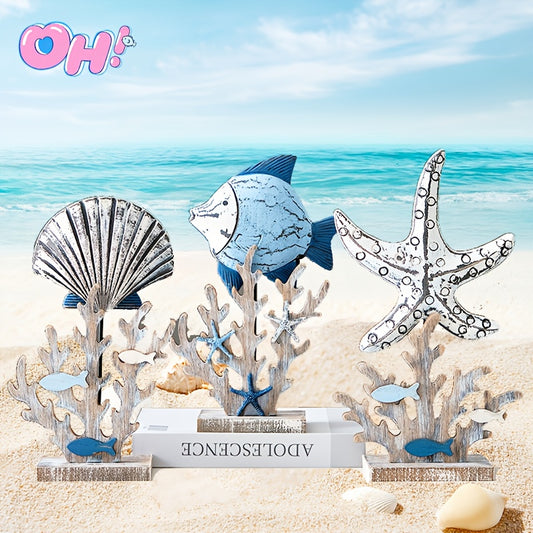 3D Mediterranean Style Wooden Fish Figurine/ Shell & Coral Accents. Perfect for  Coastal Home Decor