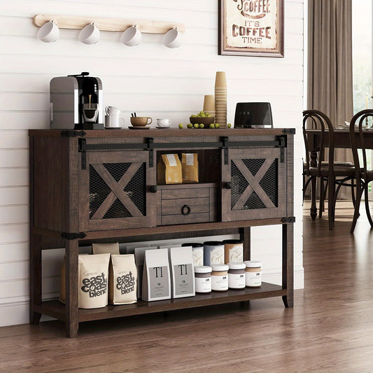 Farmhouse Entryway Table with 2 Sliding Barn Doors & Drawer, 46'' Rustic Console Table with Storage, Open Shelf Space, Industrial Sofa Table for Living Room, Entryway, Hallway,