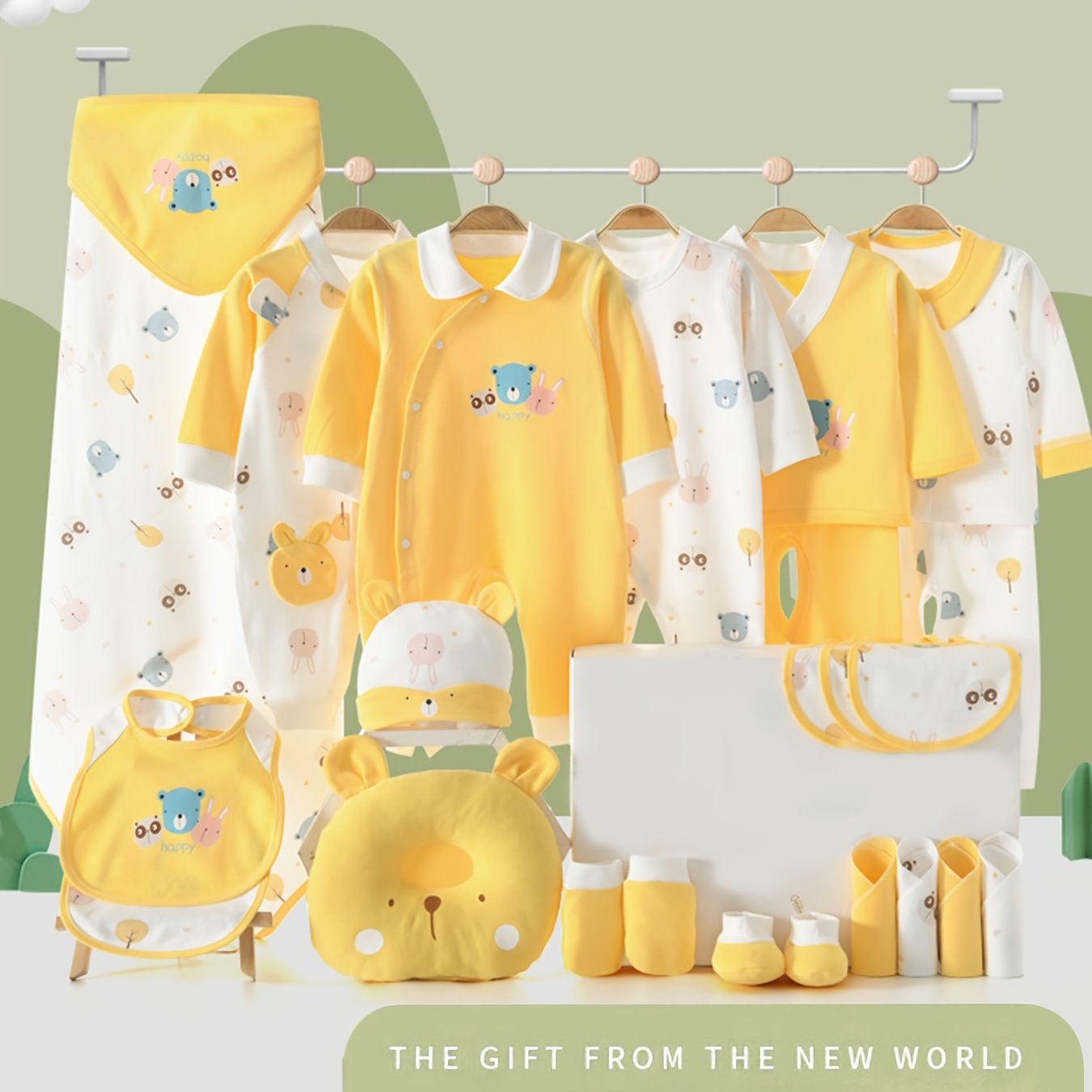 Baby Boy Clothes + Baby Items, Newborn Daily Necessities Complete Set, 0-3 Months, Total 27pcs, 5 Sets Of Clothes +Swaddle Blanket+ Hat + Bib + Hand And Foot Covers, Baby Fall Long Sleeve Suit, Baby Romper, Local Warehouse, B