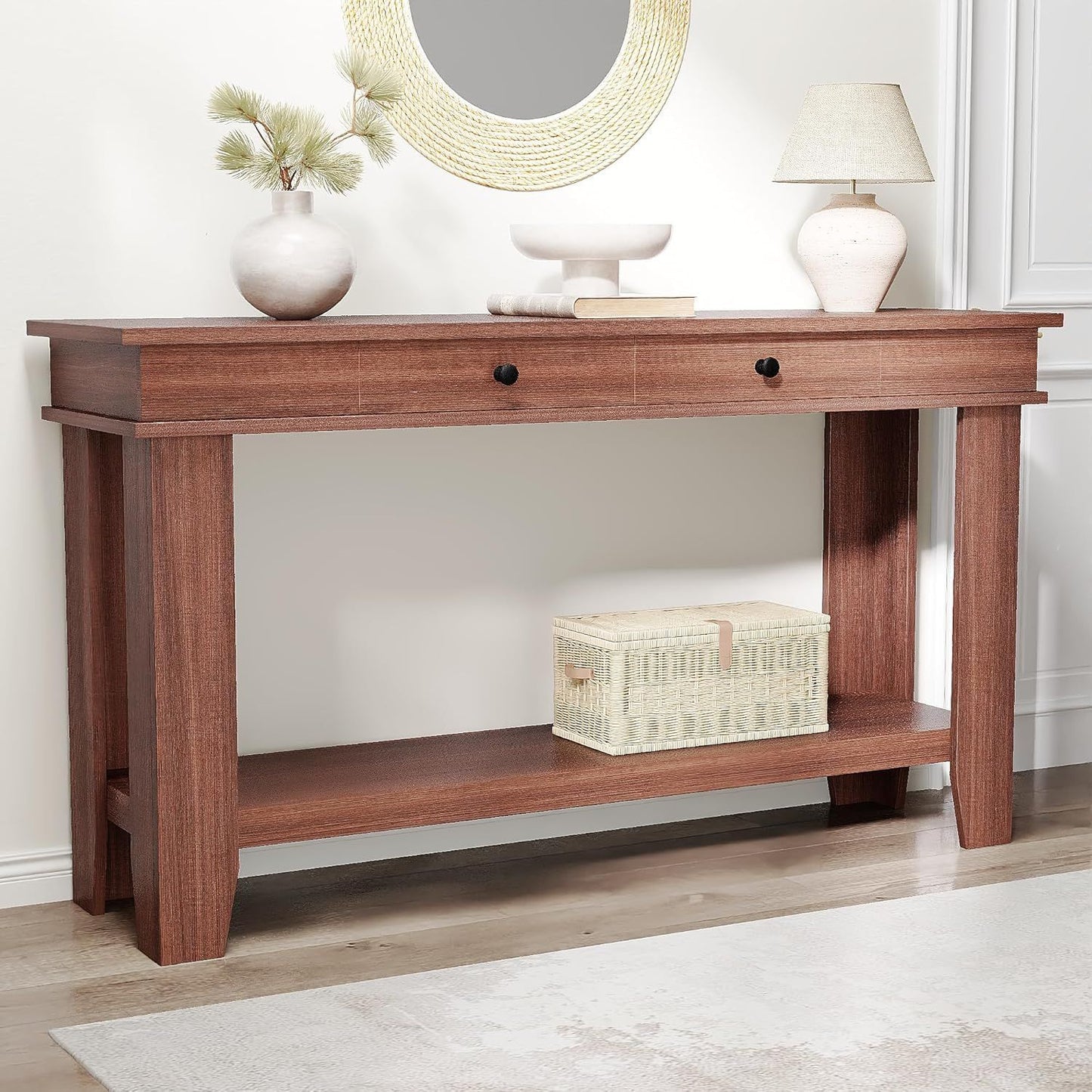 54-inch Solid/ Console Table with Drawers & Open Shelf - Modern Farmhouse Sofa Table Suitable for Entryway, Hallway, Living Room, Foyer - Sturdy Entry Table with Storage, Assembly Required for Narrow Hallways and Wide Spaces