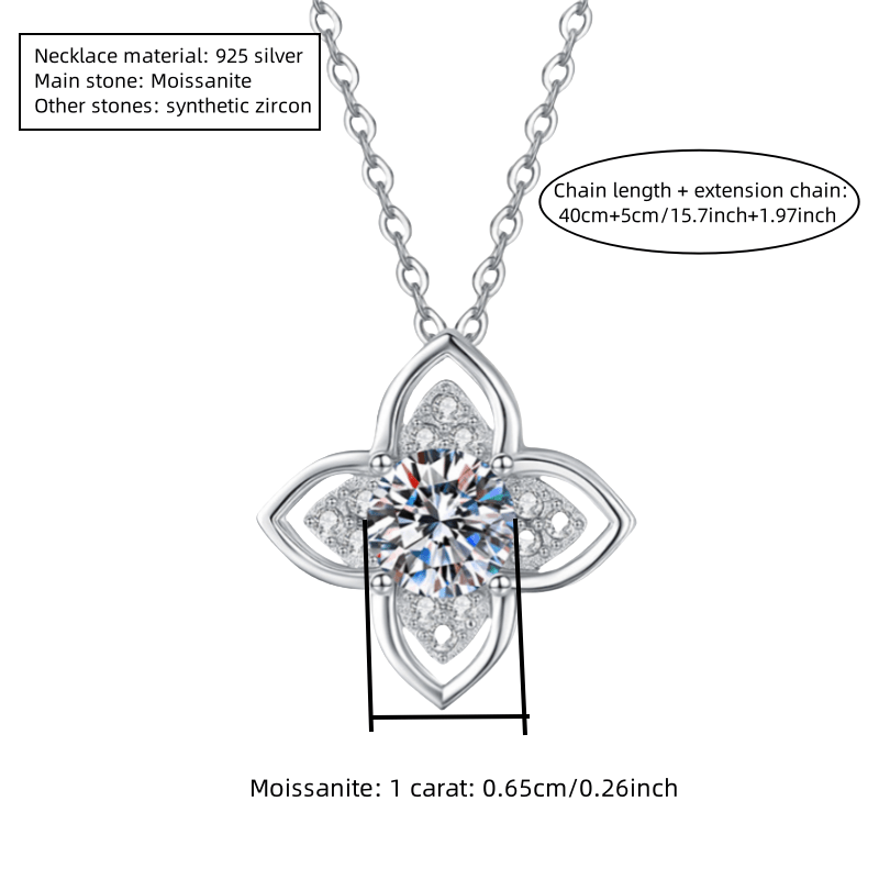 S925 silvery 1 carat four-claw round Moissanite classic and versatile Moissanite-shaped Women's fashion pendant necklace, suitable for daily wear and weddings, suitable for Valentine's Day, New Year's Day, birthday, anniversa