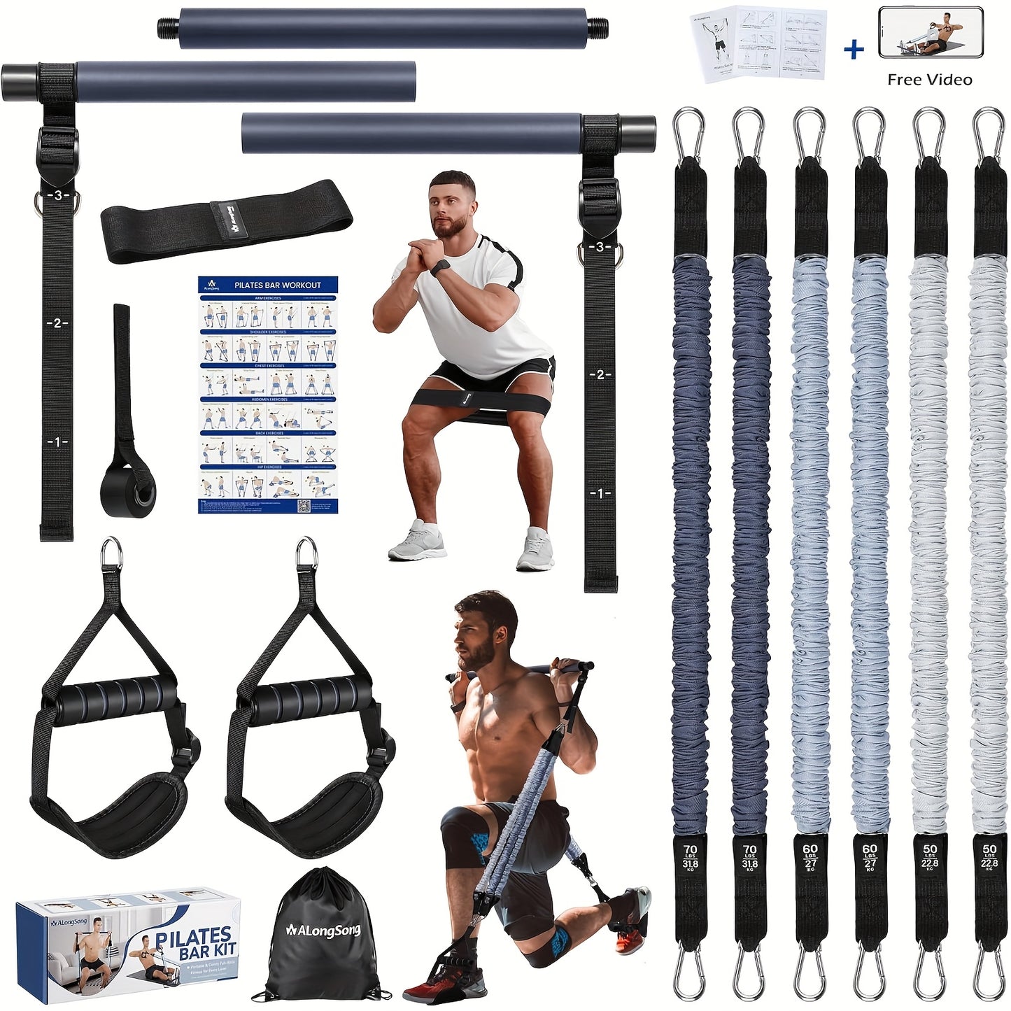Pilates Bar Kit with Resistance Bands 20-240LBS, Upgraded Natural Latex for Women & Men, Heavy-Duty Stainless Steel Multifunctional Yoga Pilates Stick for Home Gym Exercise Fitness Equipment Full-Body Workouts-Blue