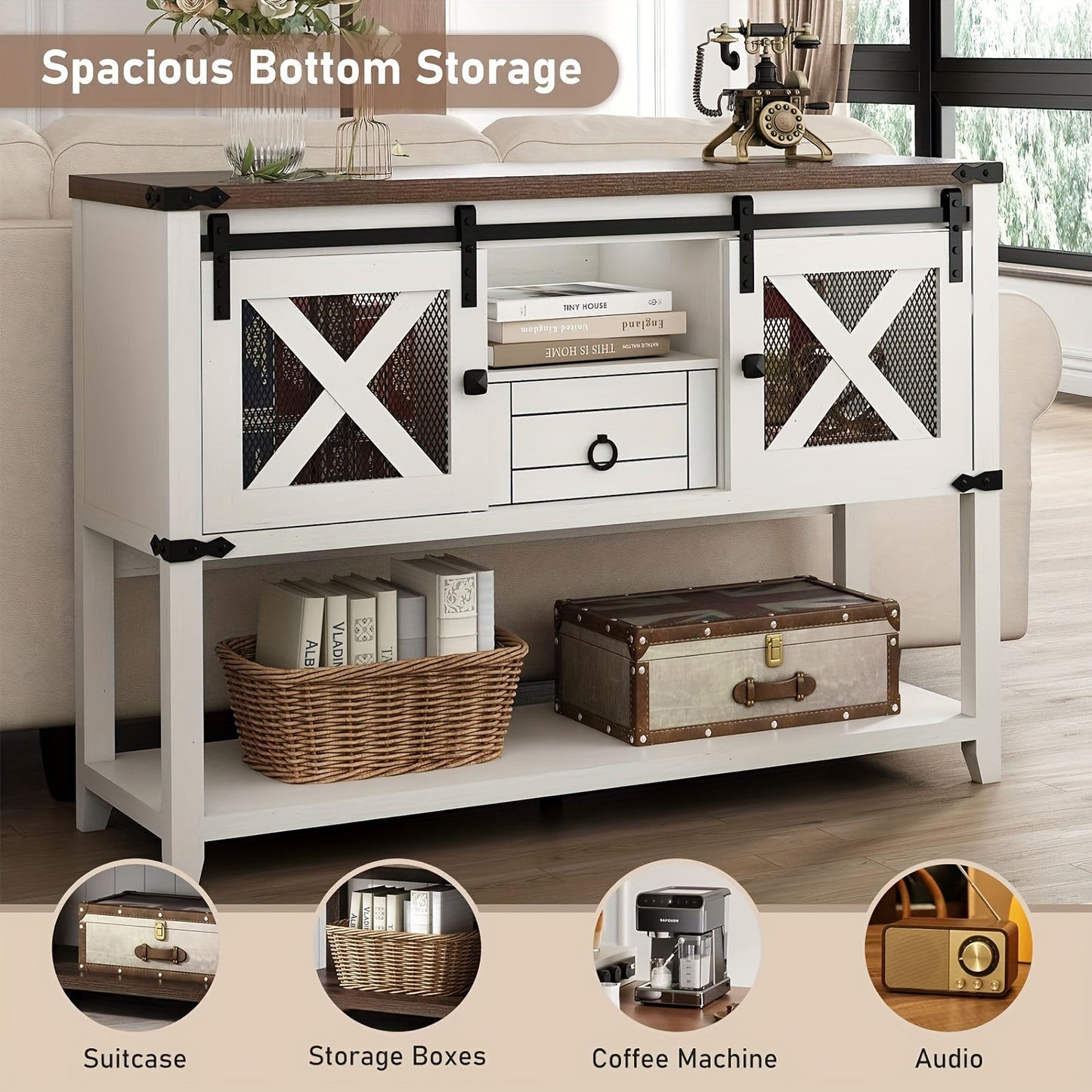 Farmhouse Entryway Table with 2 Sliding Barn Doors & Drawer, 46'' Rustic Console Table with Storage, Open Shelf Space, Industrial Sofa Table for Living Room, Entryway, Hallway,