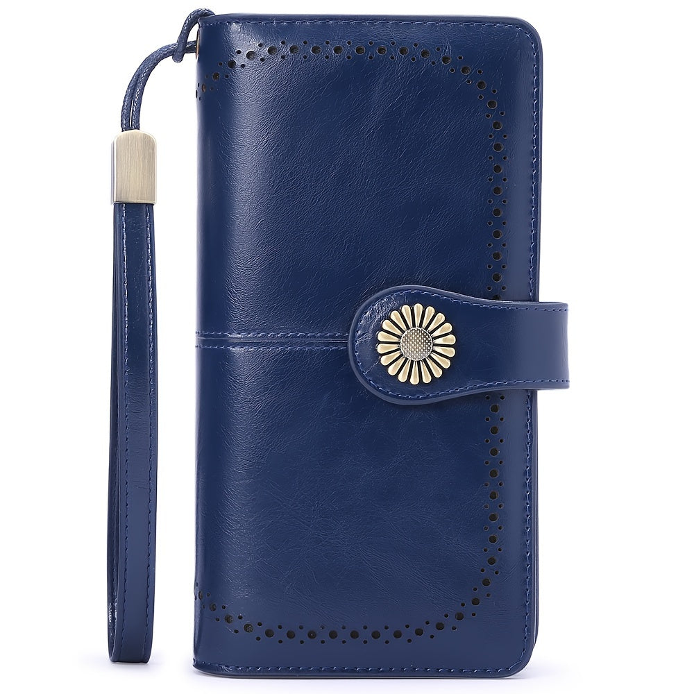 RFID Blocking Women's Genuine Leather Long Wallet with Sunflower Pattern - 24 Card Slots, Phone Pocket, ID Window & Zipper Wristlet, 2 Cash + 4 Receipt Compartments, Gift Box for Daily/Present Use