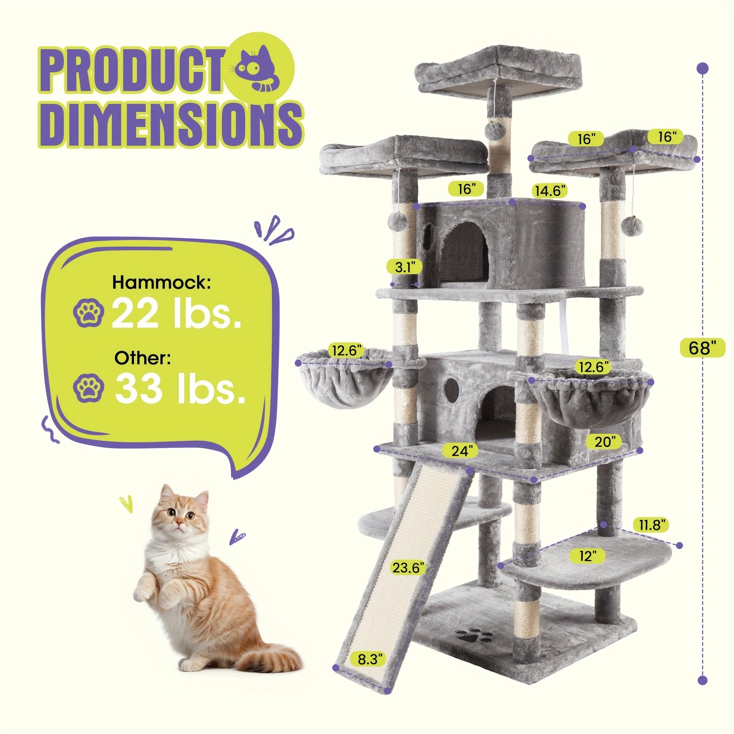 WEEWAY Multi-Level Cat Tree Tower for Indoor Cats - Modern Space-Saving design with Scratching Posts, Plush Perches, Hanging Platforms, Entryways - Sturdy Construction for Climbing, Scratching, Resting - Ideal Gift for Kittie