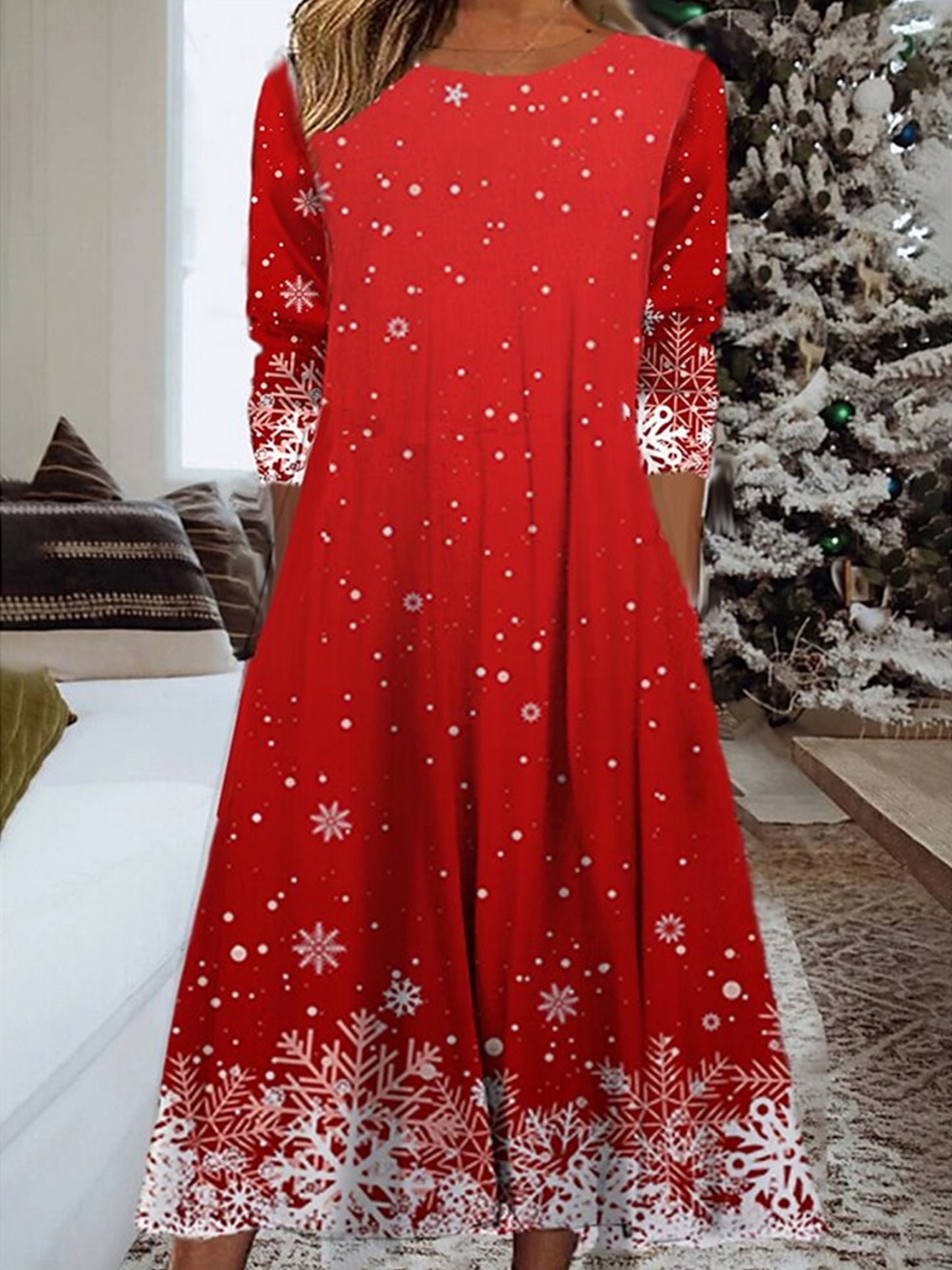 Plus Size - Plus Size, Women'S Elegant Christmas Snowflake Print Maxi Dress - Long Sleeve Round Neck Winter Party Dress with A-Line Silhouette, Red & Snowflake Pattern, Cozy Floor-Length Formal Evening Gown for Holiday Events