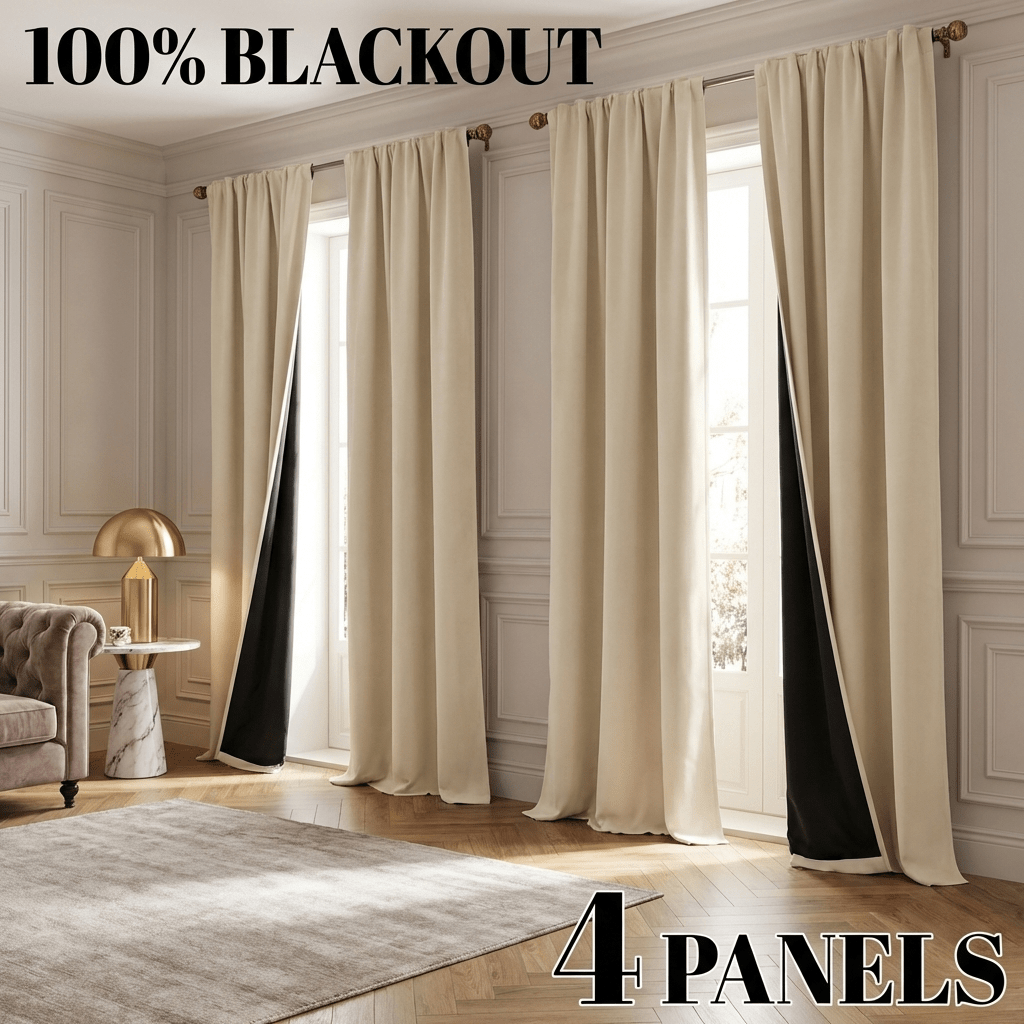 4 Panels Rod Pocket Blackout Curtains | 100% Light Blocking, Thermal and Protection, Privacy-Enhancing for All Rooms, Polyester, Modern Style