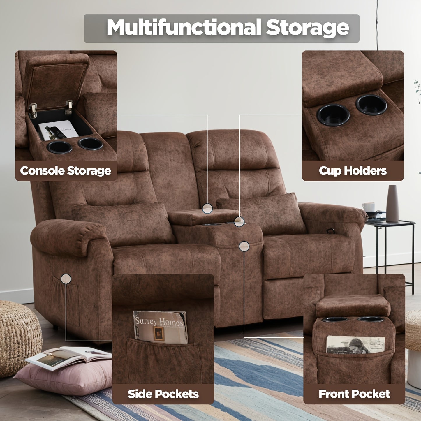 Manual RV Loveseat Recliner | Brown Velvet Cushion-back Sofa with Console, Cup Holders, Pockets for Living Room and Home Theater Seating, Metal Frame, Contemporary Style by VUYUYU