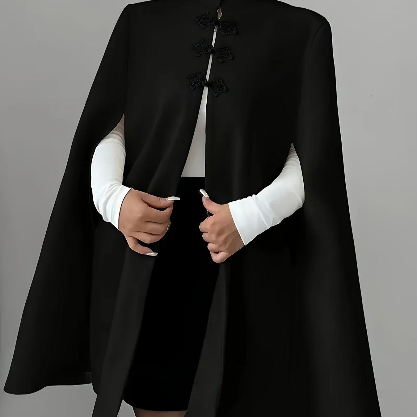 Plus Size, Plus Size Women's Elegant Chinese Cape Coat - Winter Thick Jacket with Stand Collar & Mandarin, Front Closure, Belted Waist, Machine Washable Outerwear for Weddings, Parties, Professional (Warm Coat)