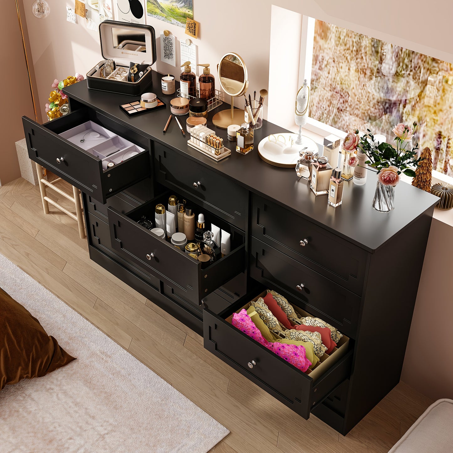 12-Drawer Double Dresser Storage Box, 61'' W Modern Wooden Chest Of Drawers with Handles, Deep Drawers, for Living Room, Bedroom, Hallway, Large Storage Space, Black